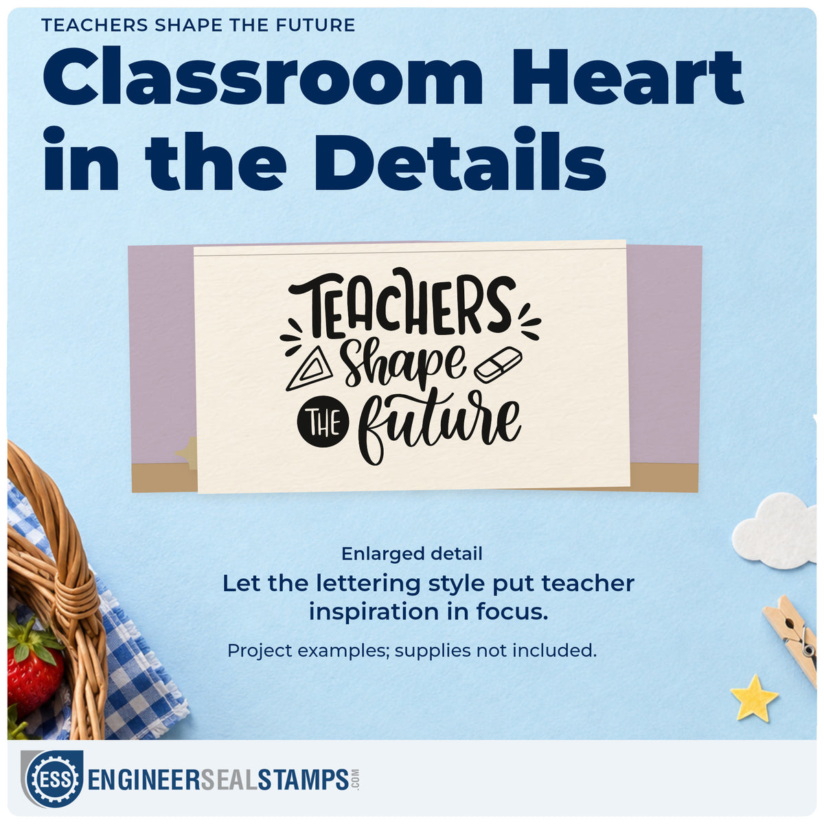 Enlarged detail of the Teachers Shaping Futures Lettering Rubber Stamp – Wood Handle imprint. “Teachers Shape the Future” appears with a triangular ruler and an eraser.