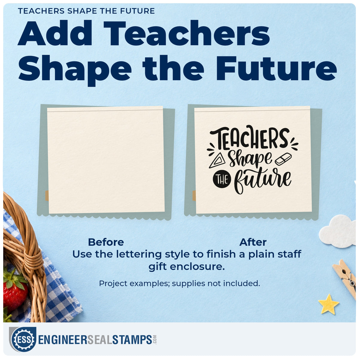 Before and after of a plain item finished with the PSI Pre-Inked Teachers Shaping Futures Lettering Stamp, a quick upgrade for safety card seals.