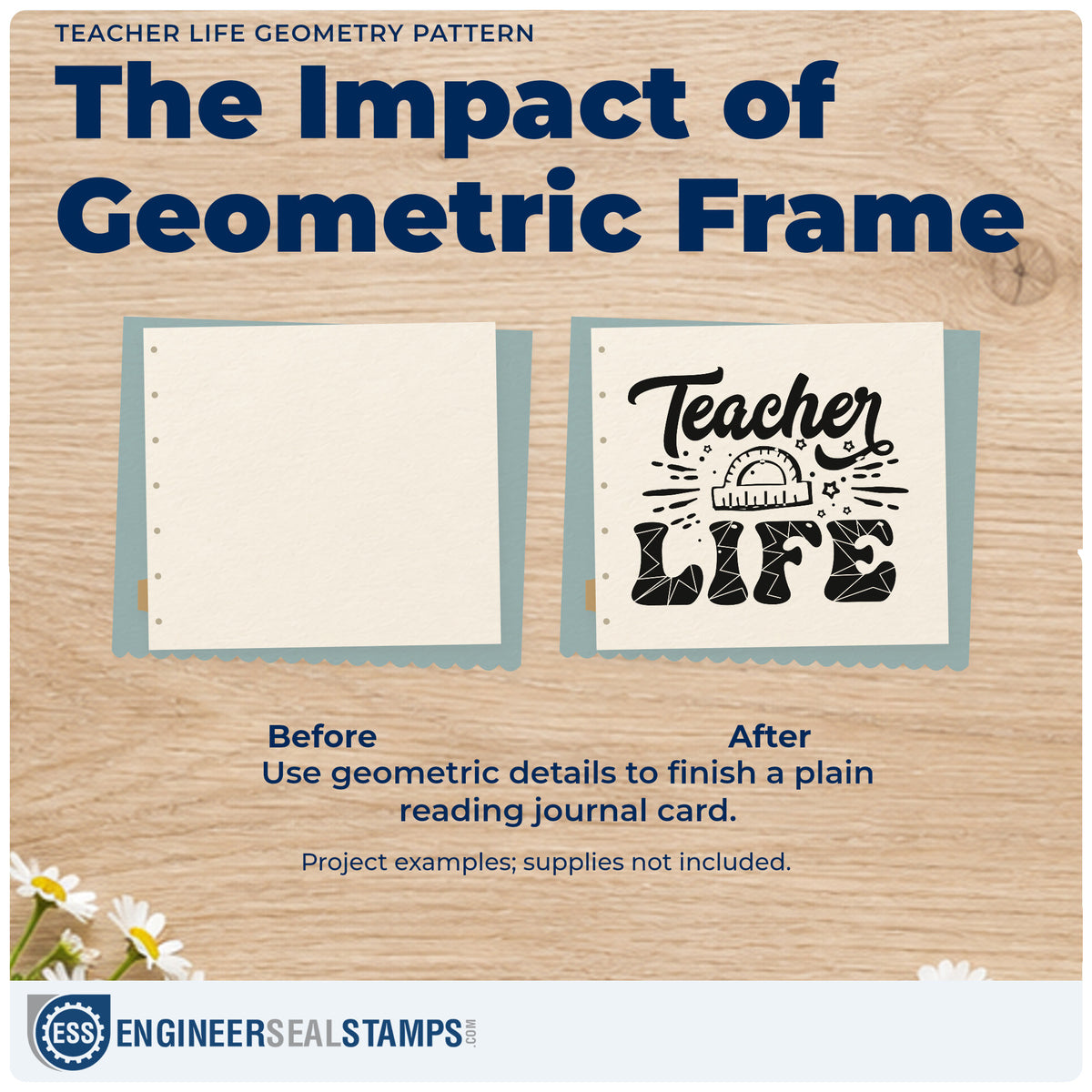 Before and after of a plain item finished with the Teacher Life Geometry Pattern Self-Inking Stamp, a quick upgrade for test pack seals.