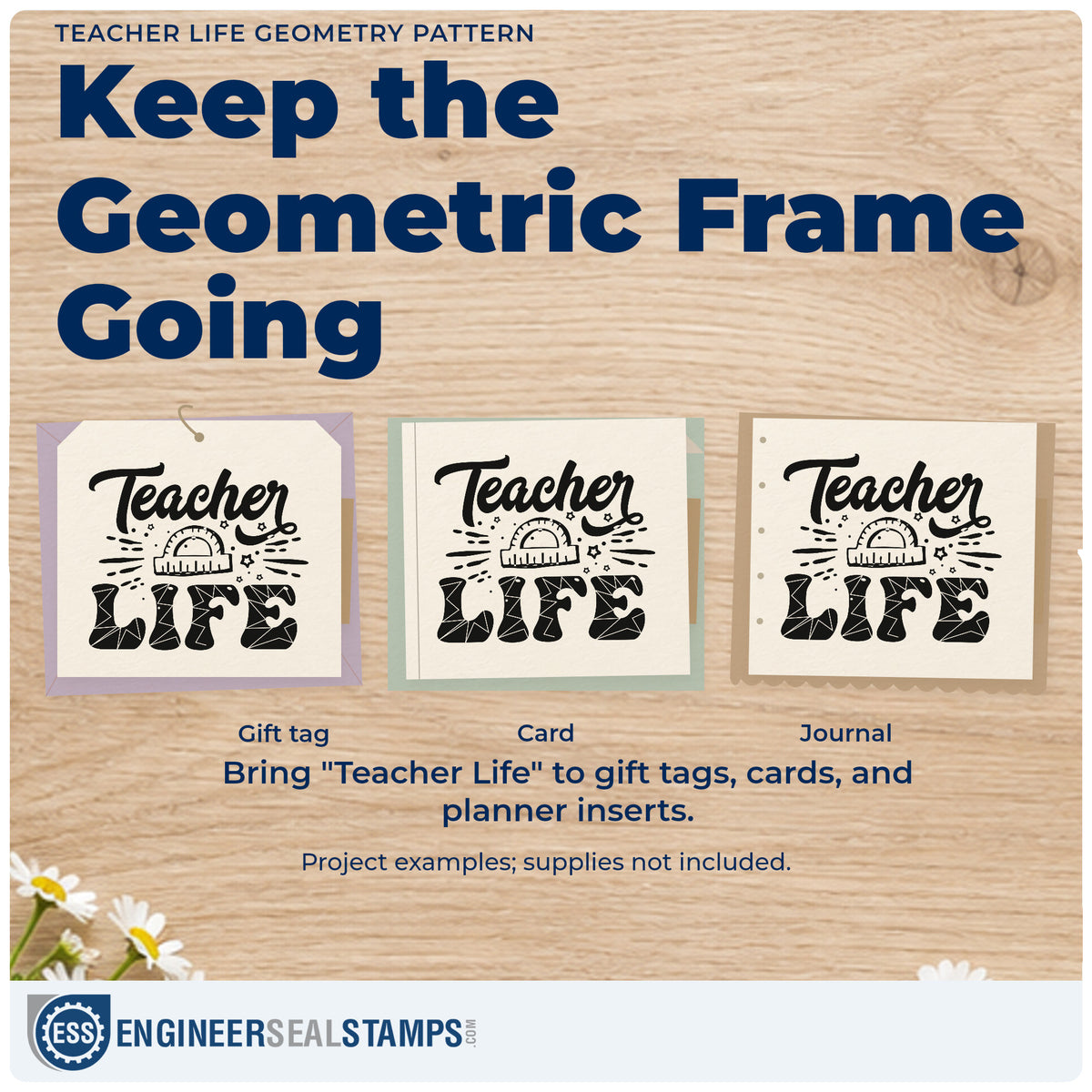 Three project examples made with the Teacher Life Geometry Pattern Hand Stamp – Duo, including shape tray labels.
