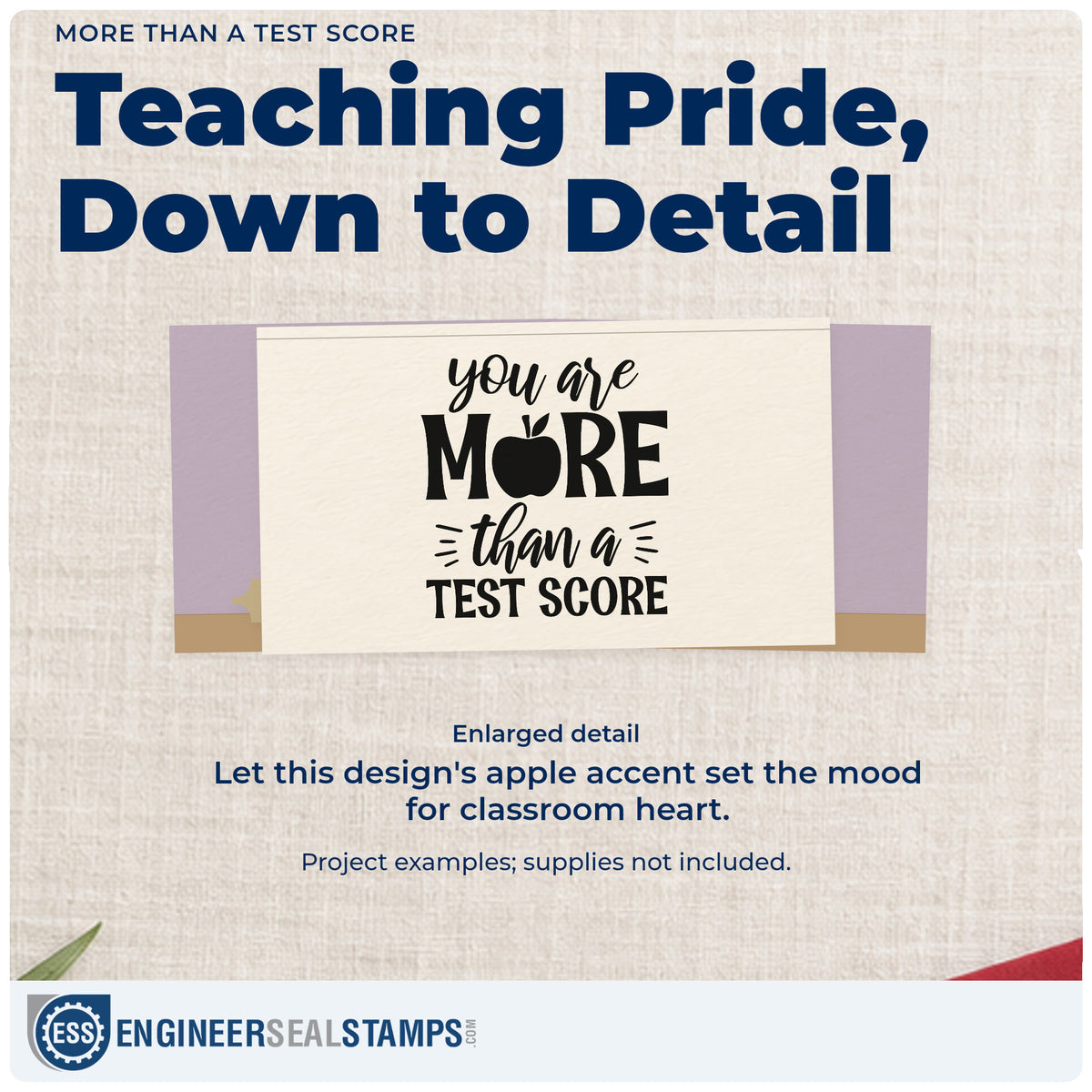 Enlarged detail of the You Are More Than A Test Score Rubber Stamp – Wood Handle imprint. “You Are More Than a Test Score” incorporates an apple into “More.”