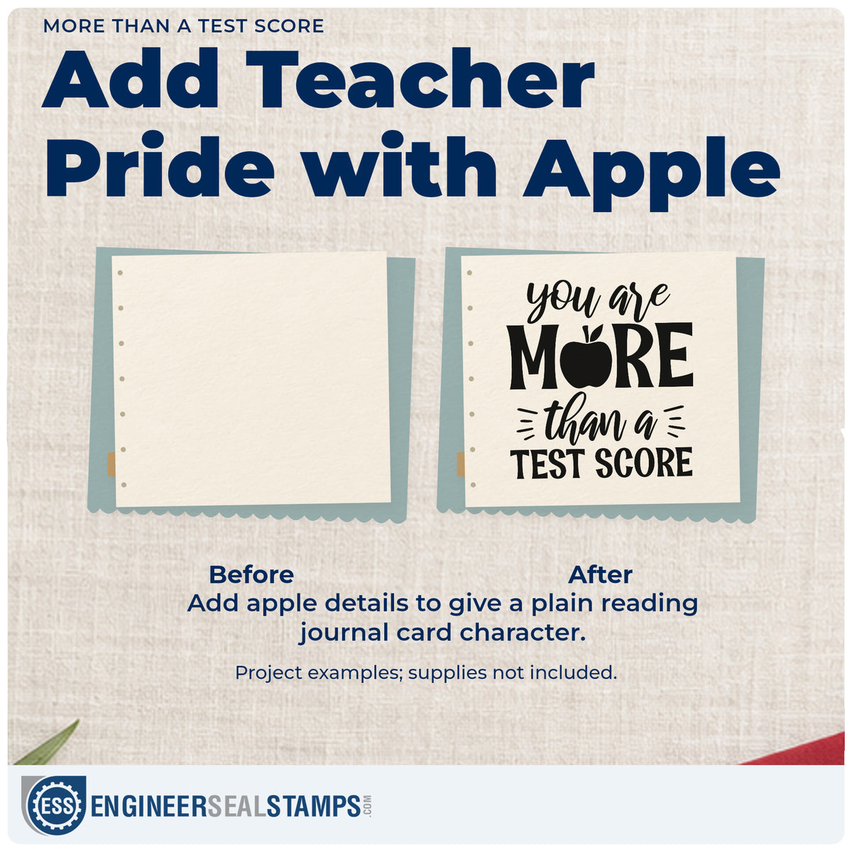 Before and after of a plain item finished with the You Are More Than A Test Score Rubber Stamp – Wood Handle, a quick upgrade for envelope slip seals.
