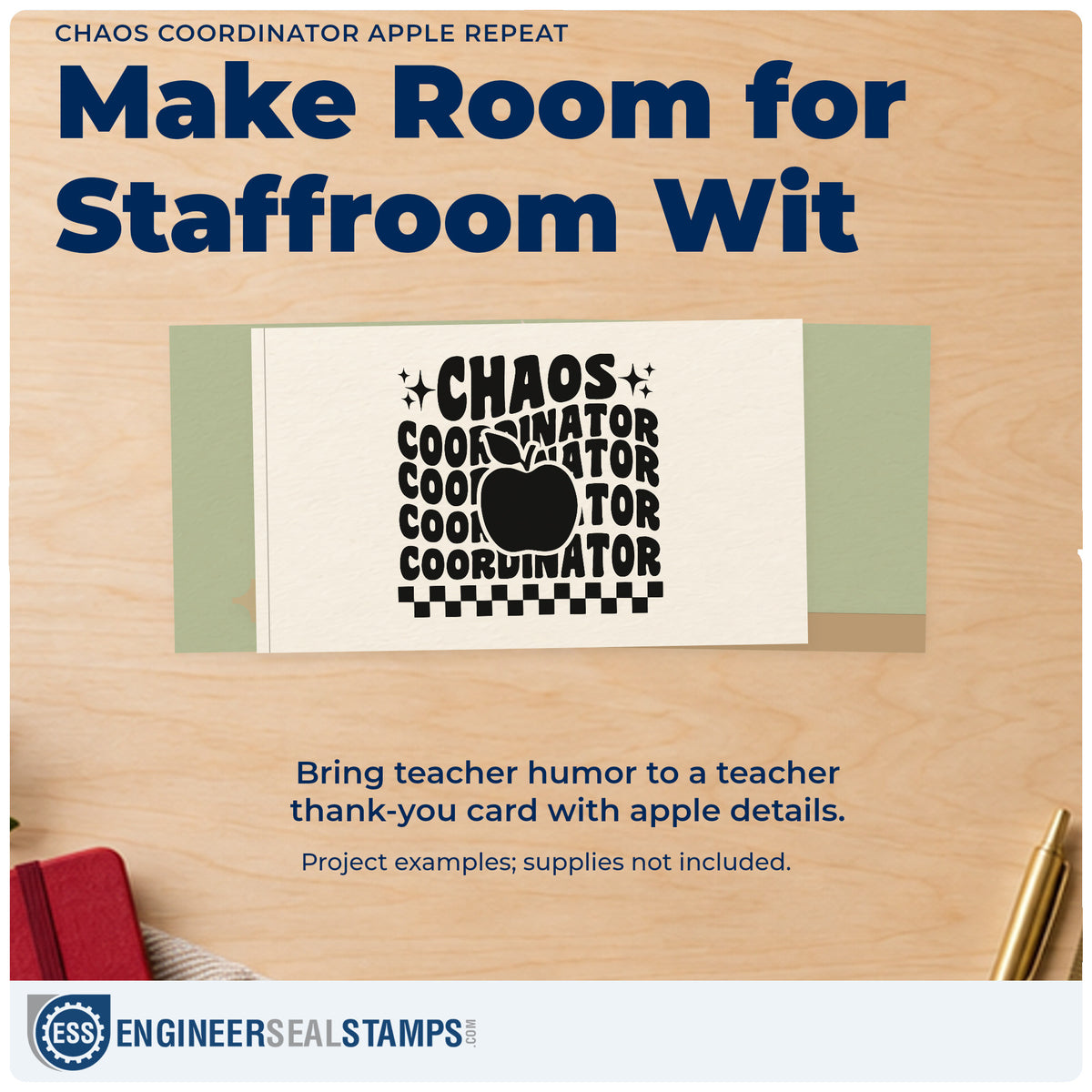 A finished handmade project stamped with the Chaos Coordinator Apple Repeat Stamp – Slim Pre-Inked, ideal for wet play tags.