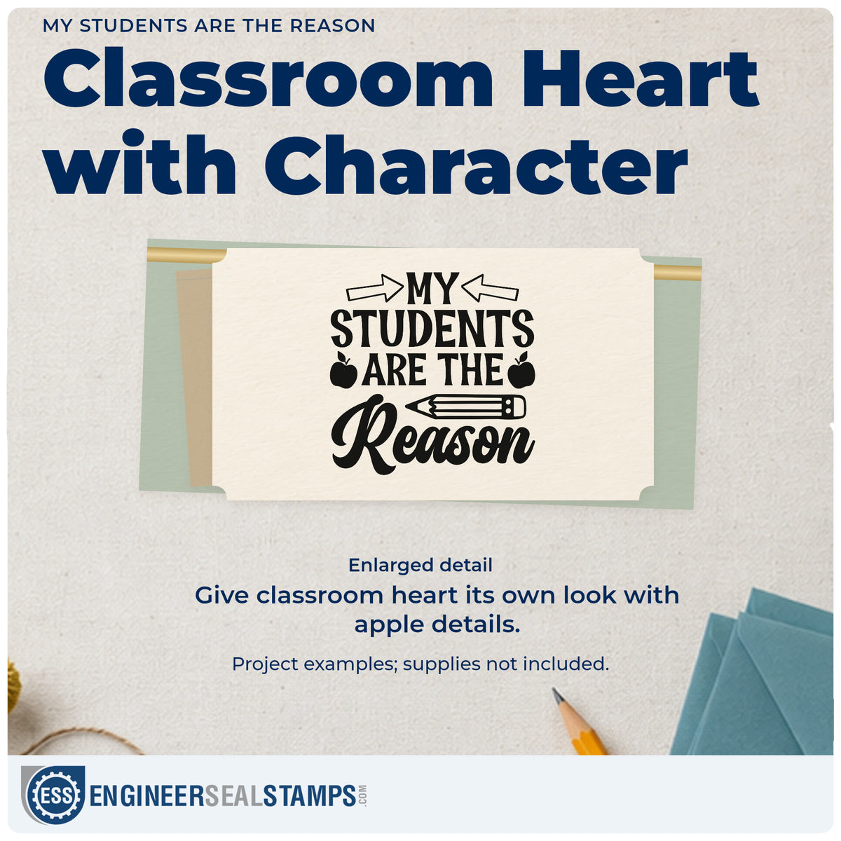 Enlarged detail of the My Students Are The Reason Apple Slim Pre-Inked Stamp imprint. “My Students Are the Reason” appears with arrows, apples, and a pencil.