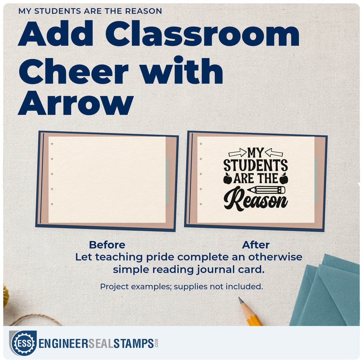 Before and after of a plain item finished with the My Students Are The Reason Apple Slim Pre-Inked Stamp, a quick upgrade for memory tin seals.