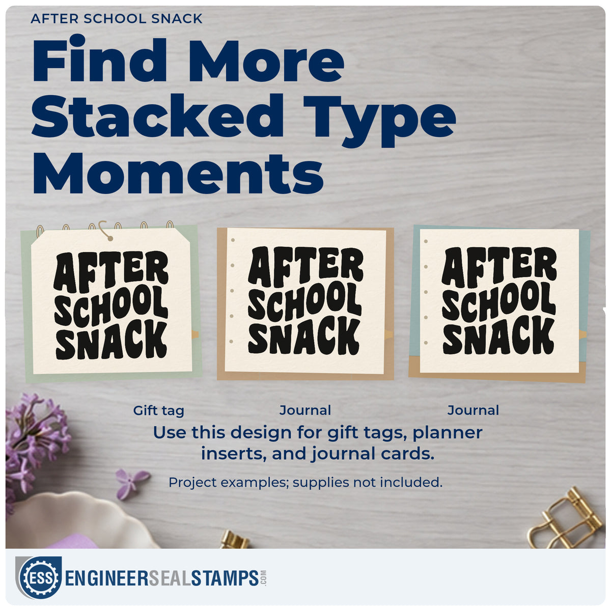 Three project examples made with the After School Snack Hand Stamp – Duo, including fruit crate labels.