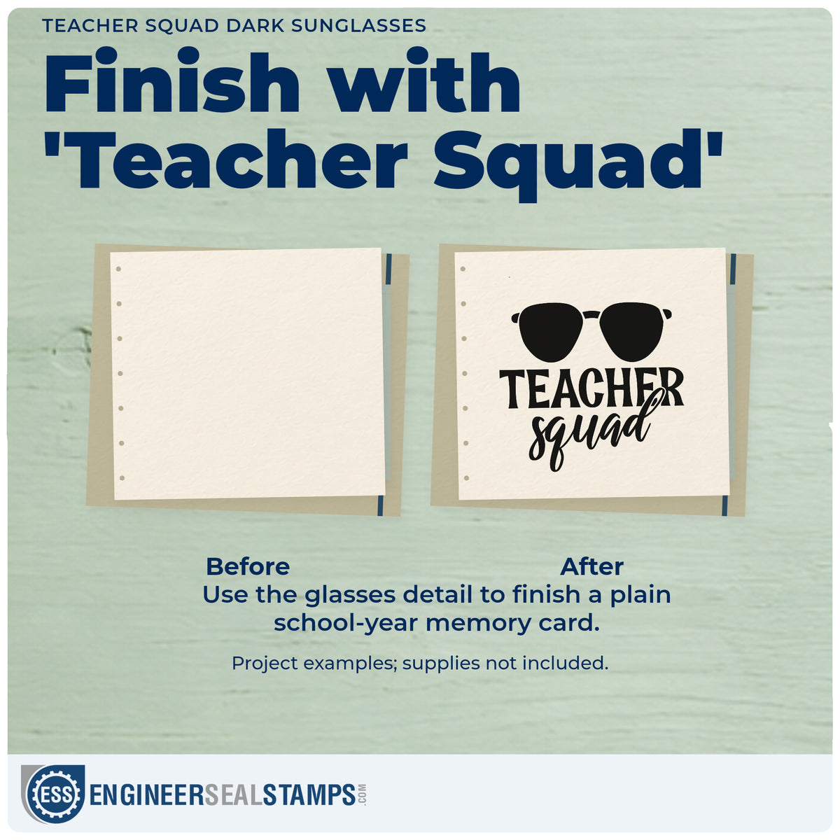 Before and after of a plain item finished with the Sunglasses Teacher Squad Lettering Pre-Inked Stamp – Slim, a quick upgrade for booking pack seals.