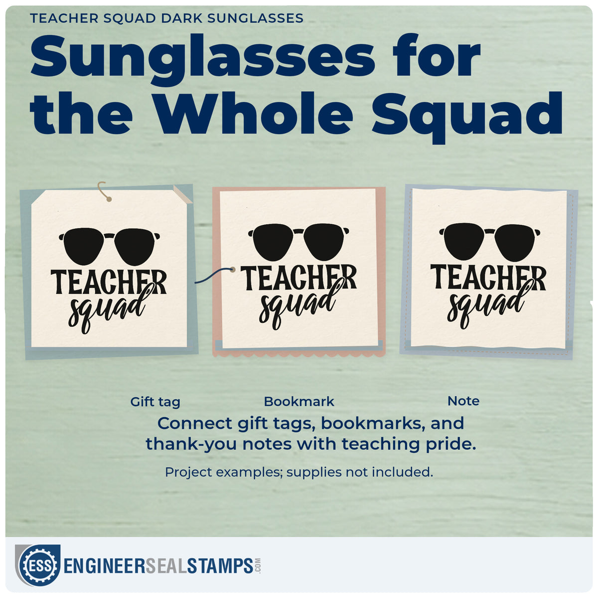 Three project examples made with the Sunglasses Teacher Squad Lettering Rubber Stamp – Duo Hand, including suncream pot labels.