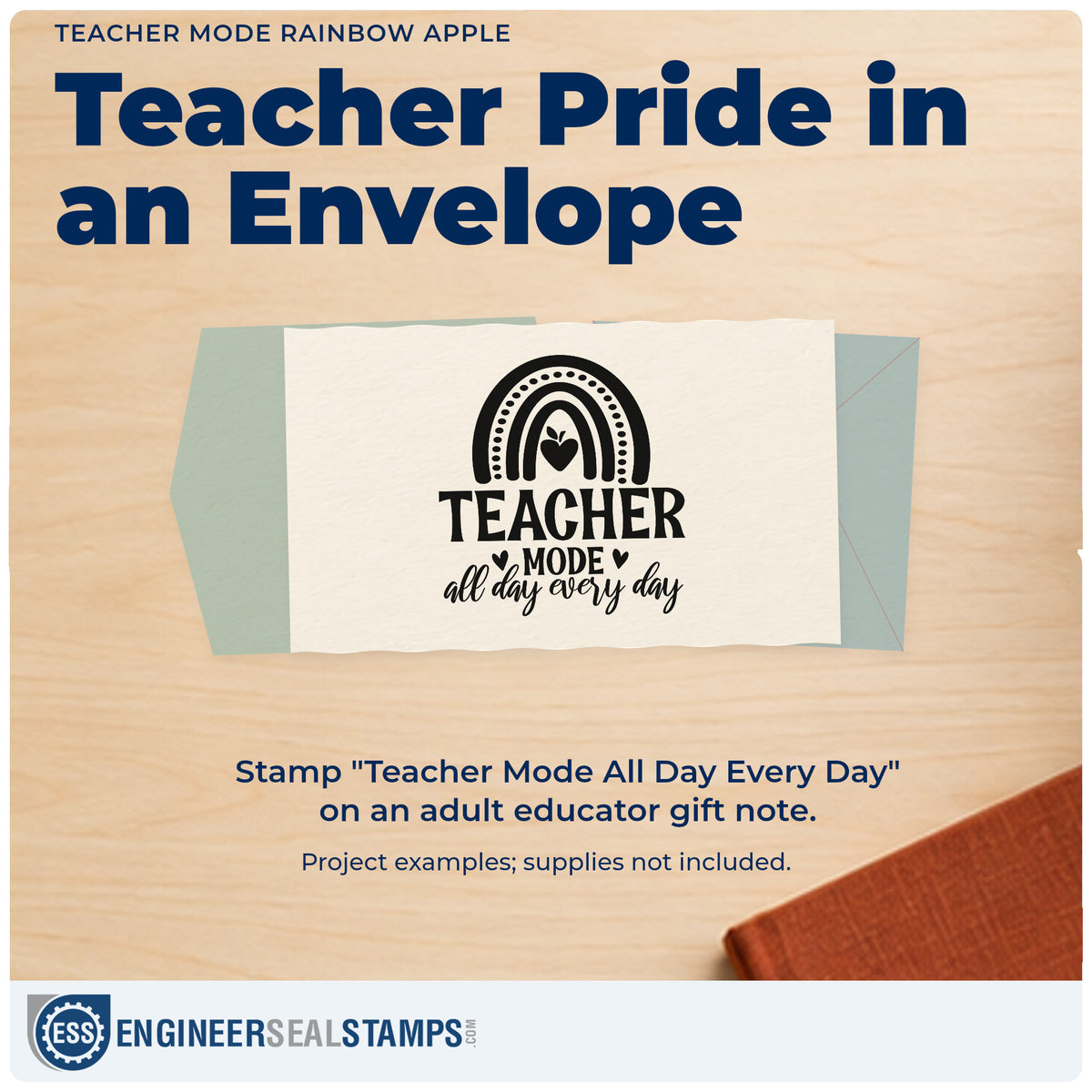 A finished handmade project stamped with the Teacher Mode Rainbow Apple Wood Handle Stamp, ideal for rainbow craft tags.