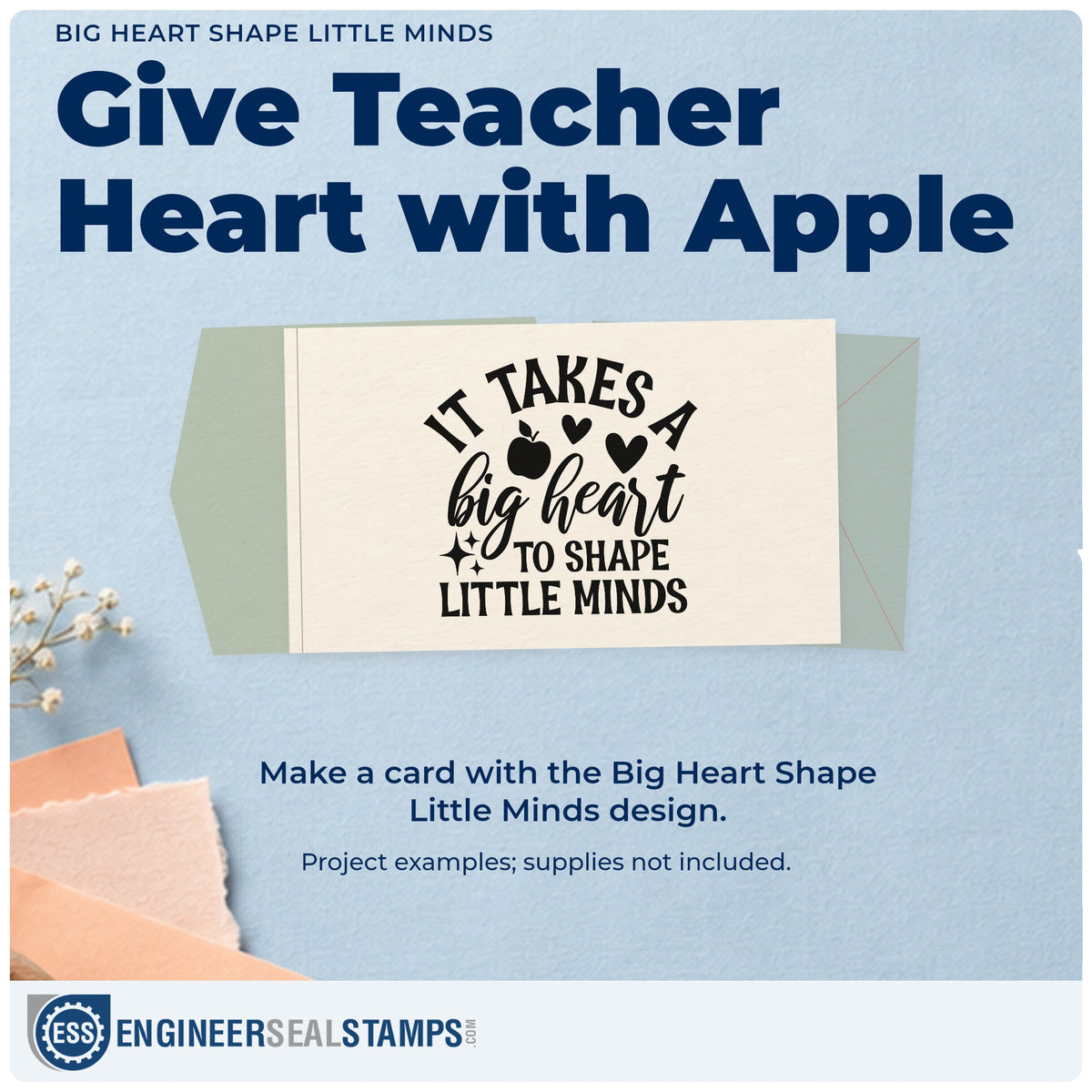 A finished handmade project stamped with the Pre-Inked It Takes A Big Heart To Shape Little Minds Apple Stamp – PSI, ideal for setting visit tags.