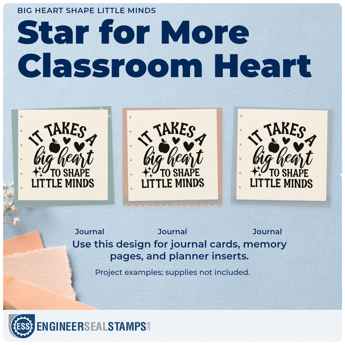 Three project examples made with the It Takes A Big Heart To Shape Little Minds Apple Premium Wood-Mounted Stamp – Vintage Pro, including bottle shelf labels.