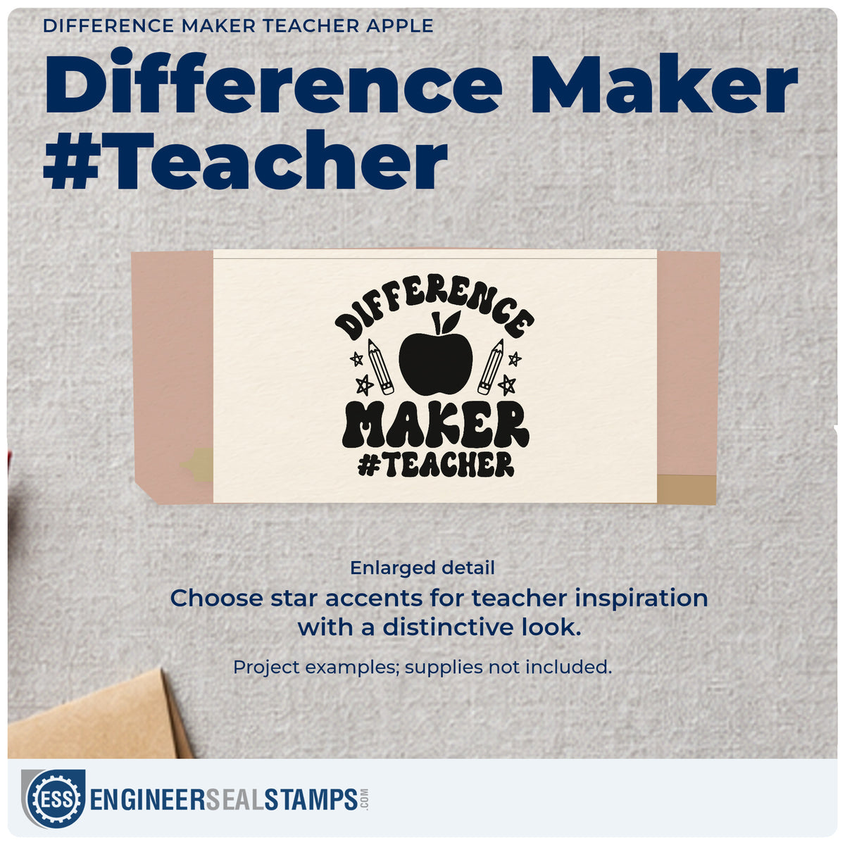 Enlarged detail of the Difference Maker Teacher Apple Pencil Slim Pre-Inked Stamp imprint. “Difference Maker #Teacher” surrounds an apple with pencils and stars.