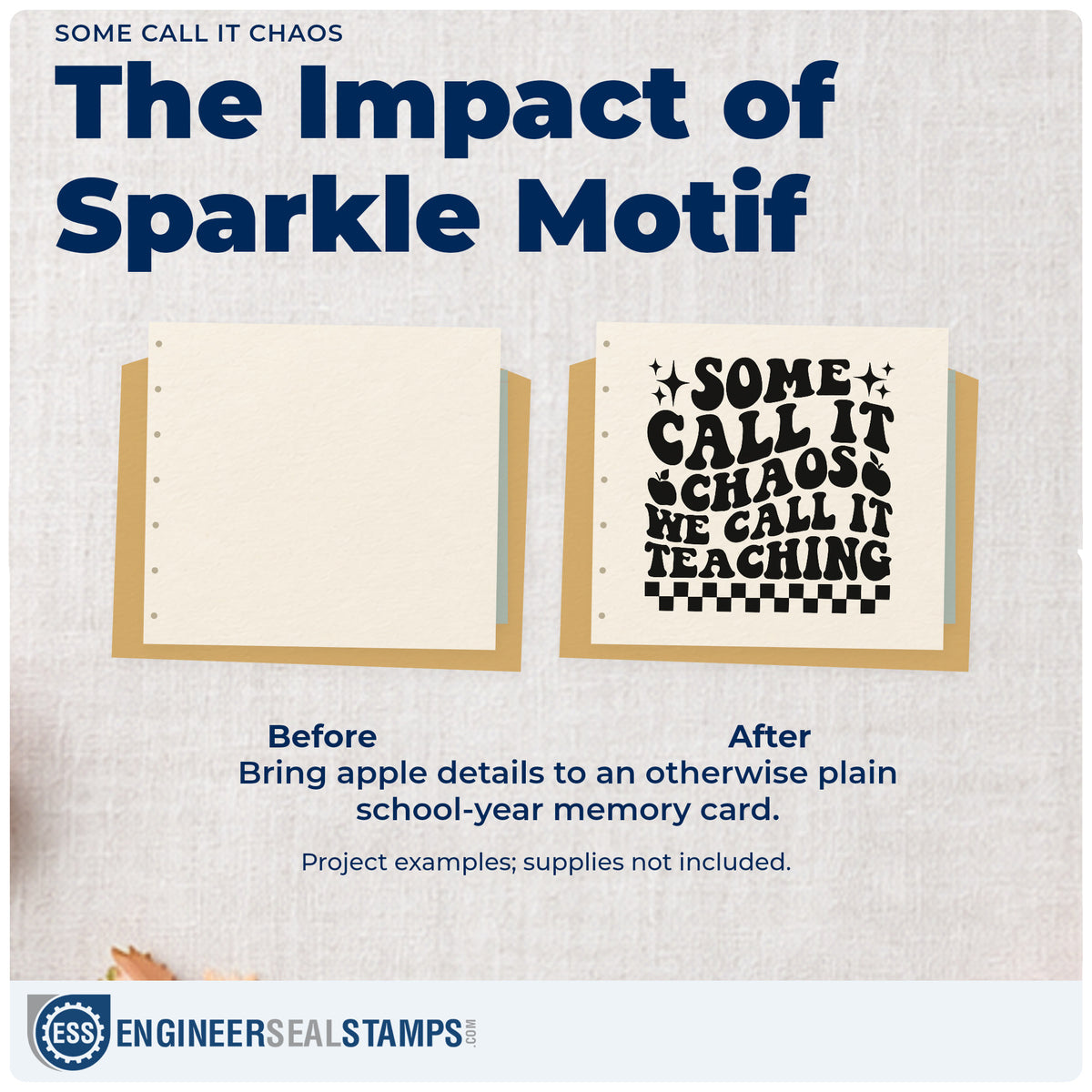 Before and after of a plain item finished with the Some Call It Chaos Rubber Stamp – Duo Hand, a quick upgrade for activity pack seals.