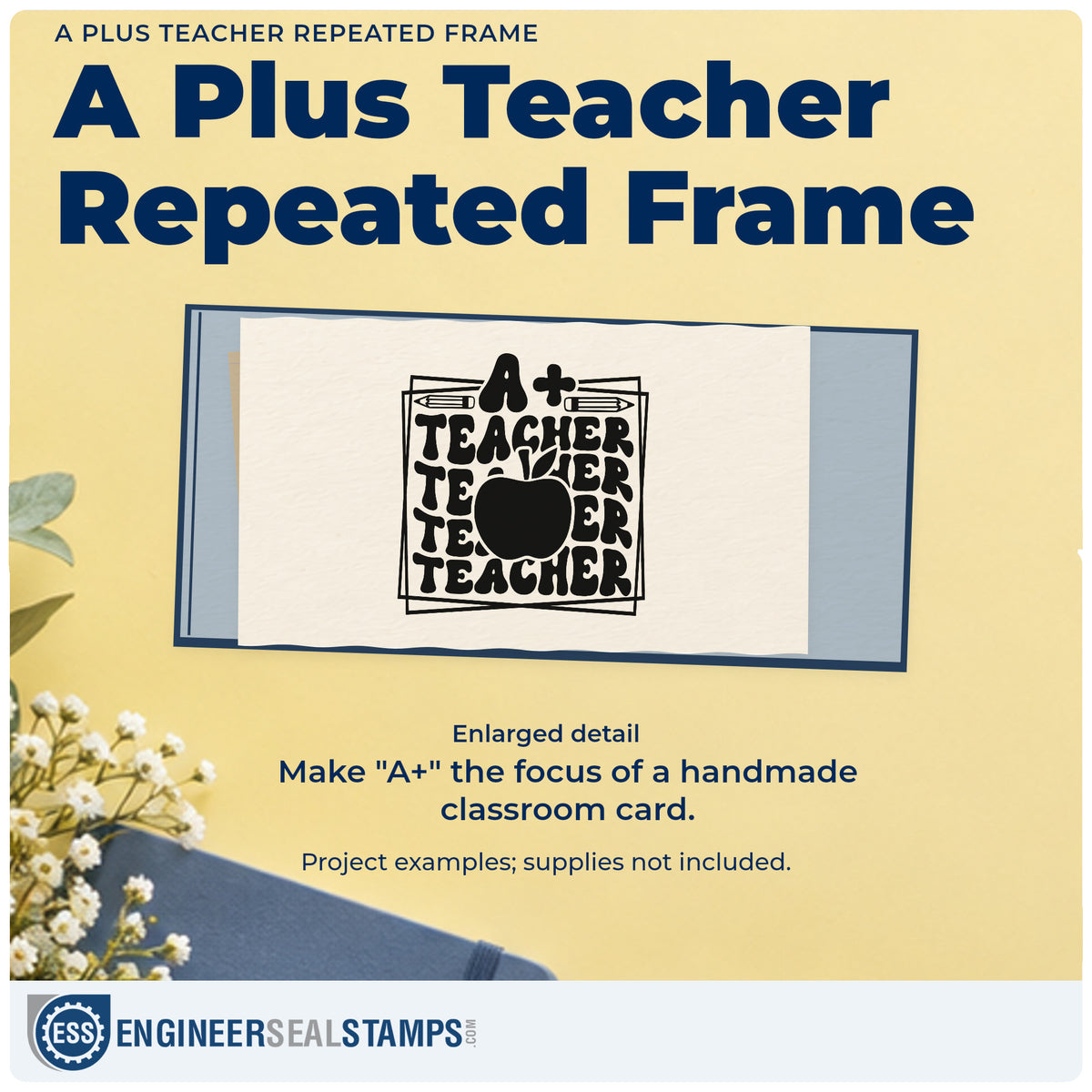 Enlarged detail of the A Plus Teacher Repeated Frame Stamp – Self-Inking imprint. “A+” tops repeated “Teacher” lettering behind an apple inside overlapping frames, with pencils above.