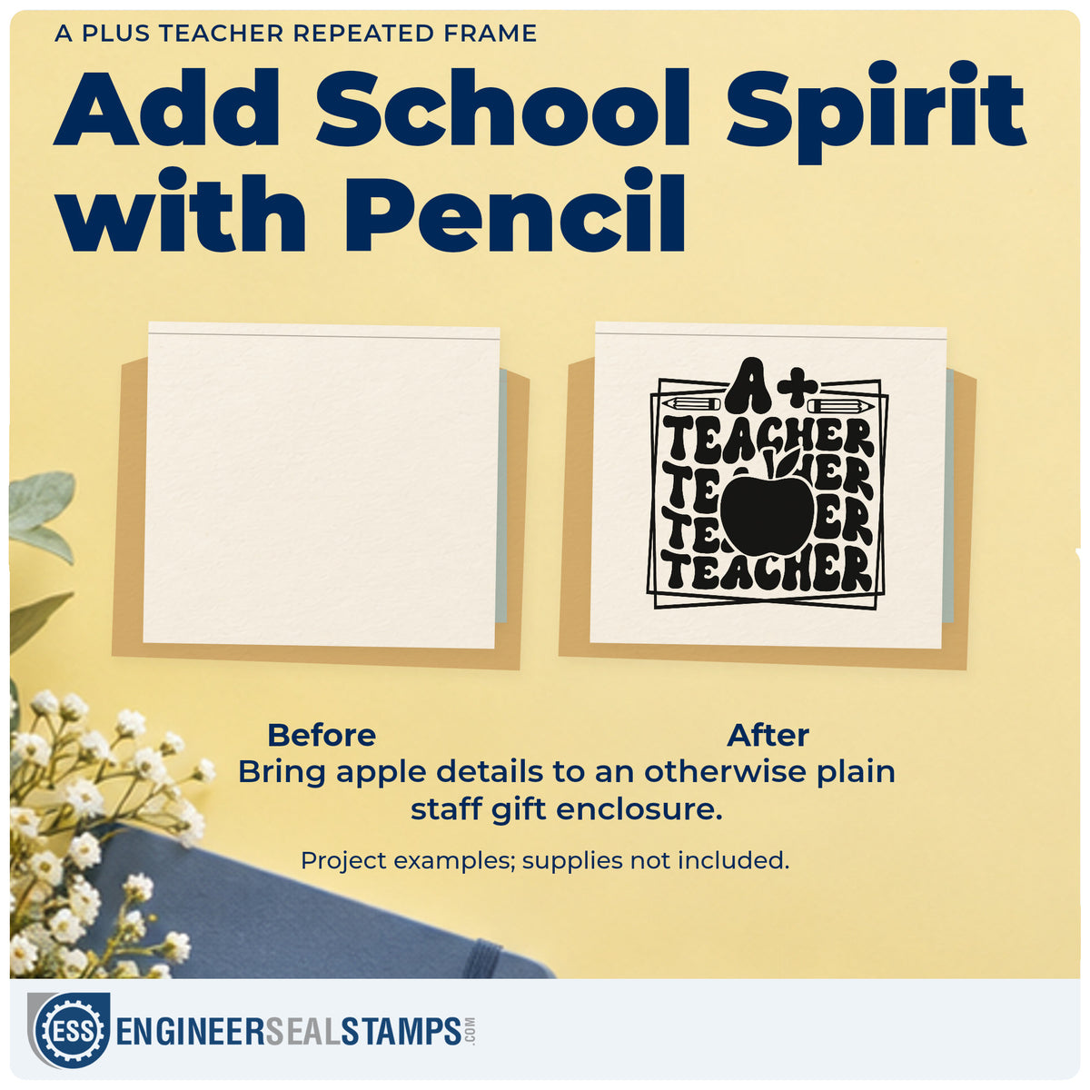 Before and after of a plain item finished with the A Plus Teacher Repeated Frame Hand Stamp – Duo, a quick upgrade for paper pack seals.