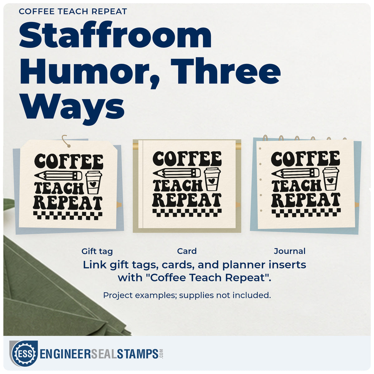 Three project examples made with the Coffee Teach Repeat Pencil Pre-Inked Stamp – Slim, including syrup pump labels.