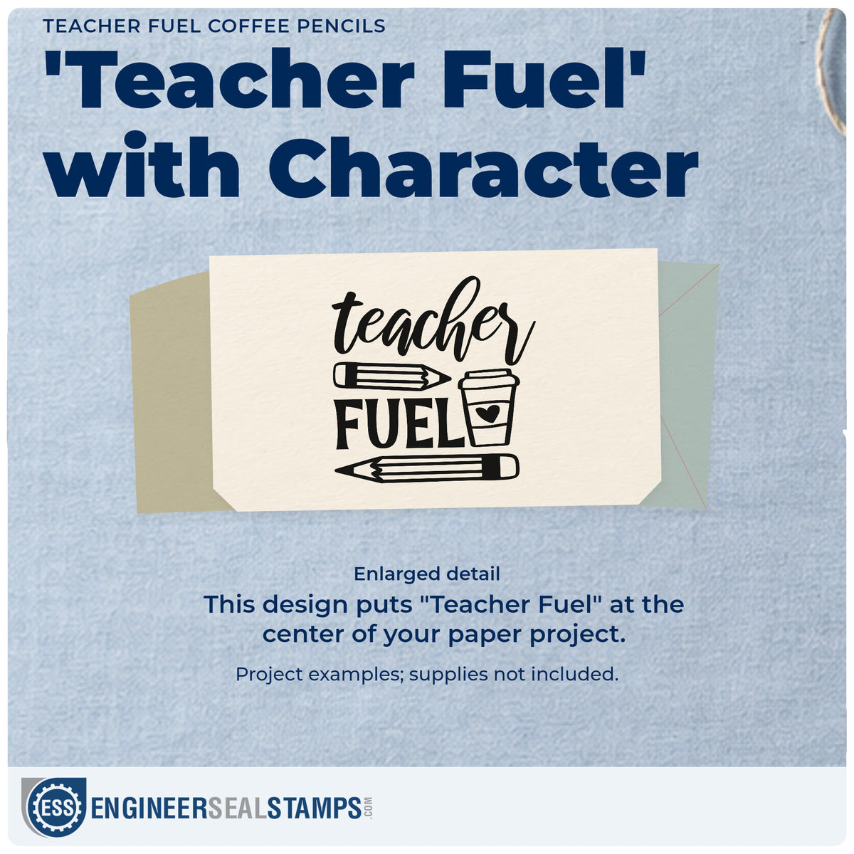 Enlarged detail of the Slim Pre-Inked Teacher Fuel Coffee Pencils With Hearts Stamp imprint. “Teacher Fuel” appears with two pencils and a takeaway cup with a heart.