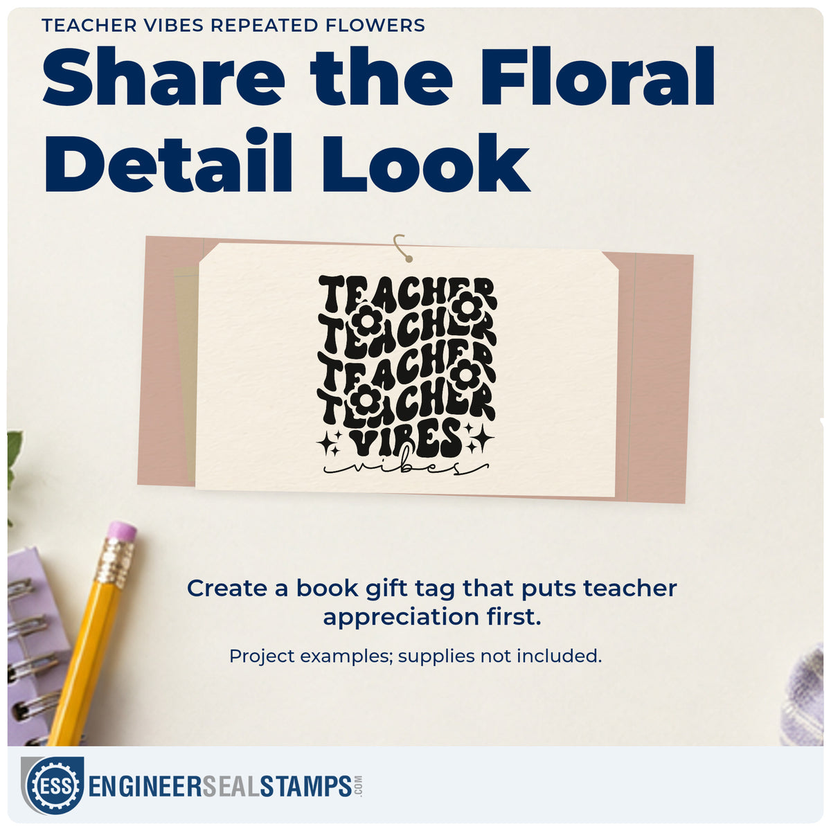 A finished handmade project stamped with the Teacher Vibes Repeated Flowers Premium Wooden Stamp – Vintage Pro, ideal for flower swap tags.