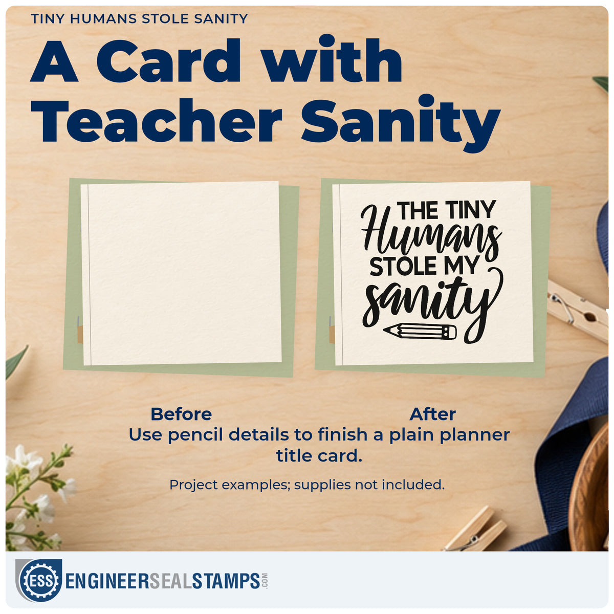 Before and after of a plain item finished with the Tiny Humans Stole Sanity Slim Pre-Inked Stamp, a quick upgrade for doubloon bag seals.