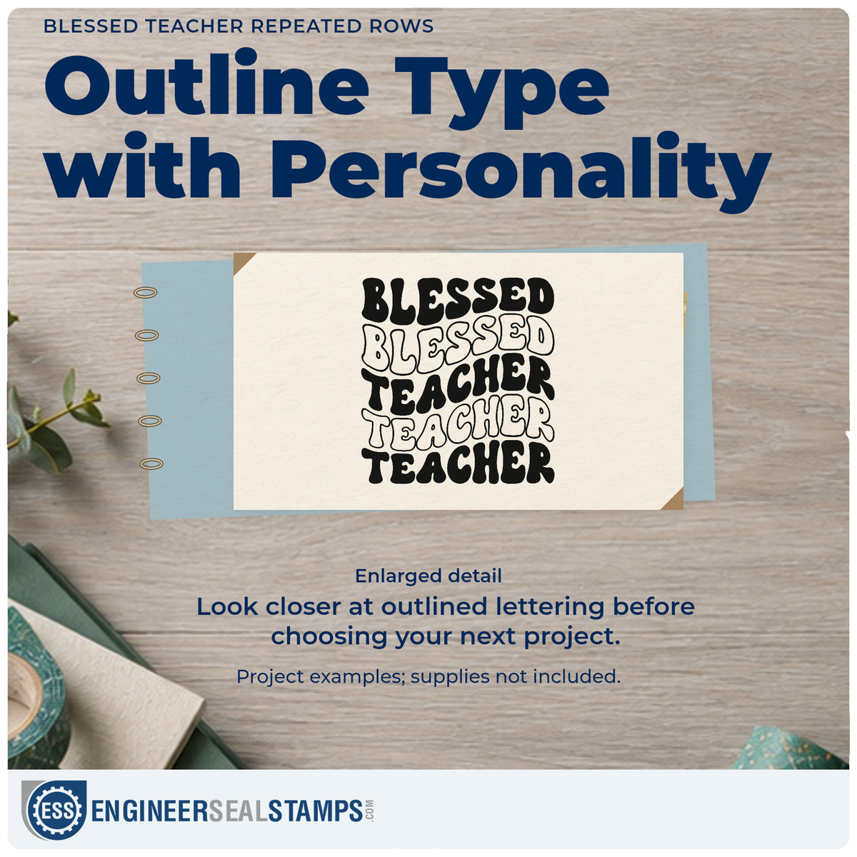 Enlarged detail of the Blessed Teacher Repeated Rows Hand Stamp – Duo imprint. “Blessed” repeats twice above three “Teacher” rows in alternating filled and outlined letters.