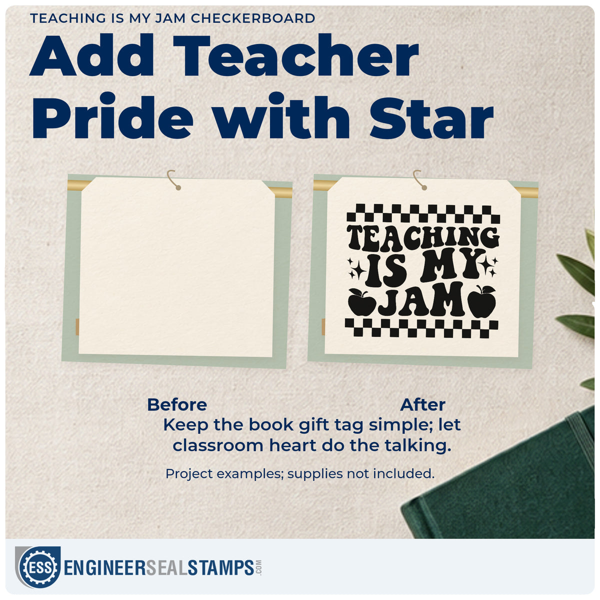 Before and after of a plain item finished with the Teaching Is My Jam Checkerboard Apple Stamp – Duo Hand, a quick upgrade for paper straw seals.