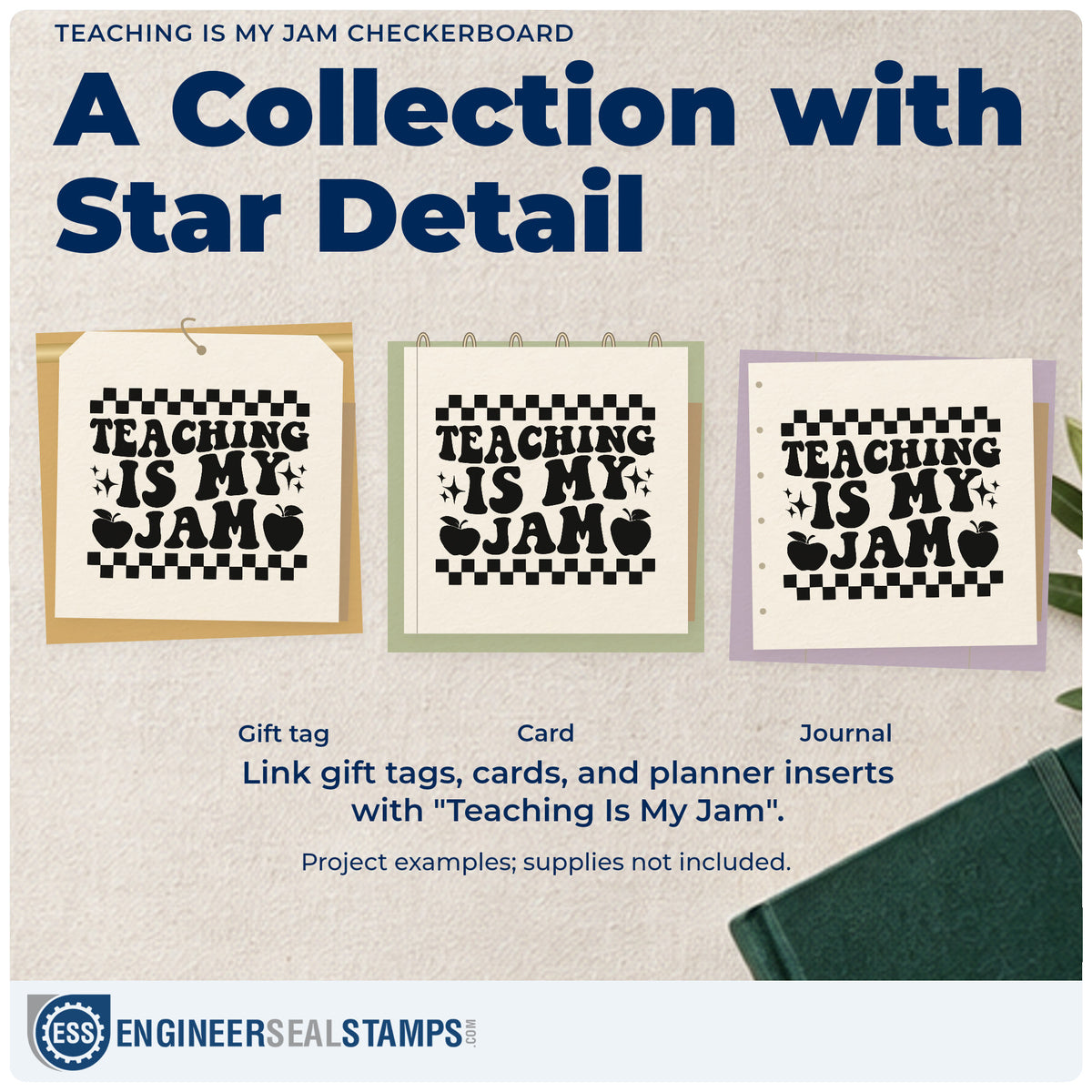 Three project examples made with the Self-Inking Teaching Is My Jam Checkerboard Apple Stamp, including sundae cup labels.