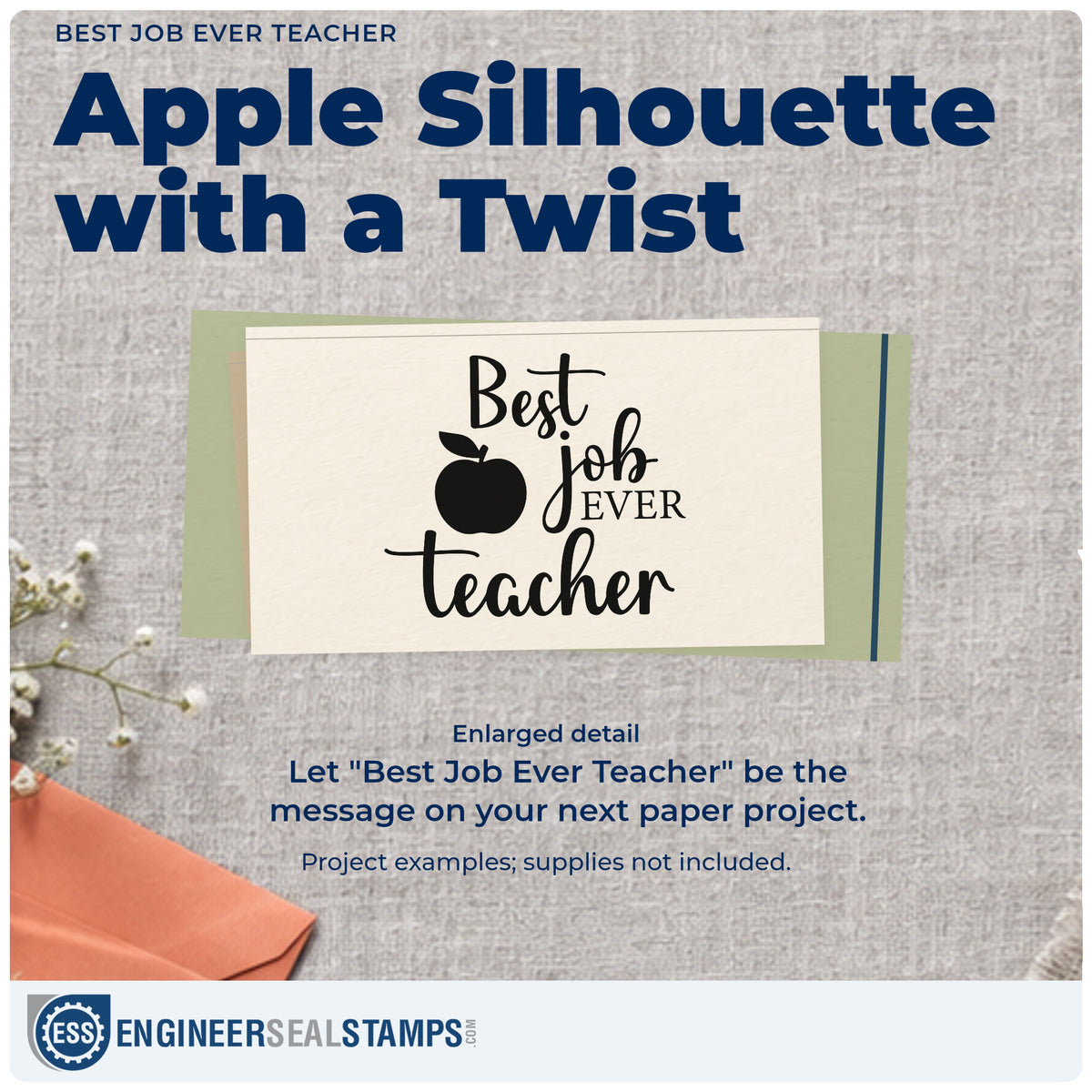 Enlarged detail of the Best Job Ever Teacher Stamp – Slim Pre-Inked imprint. “Best Job Ever Teacher” is accented with a large apple.