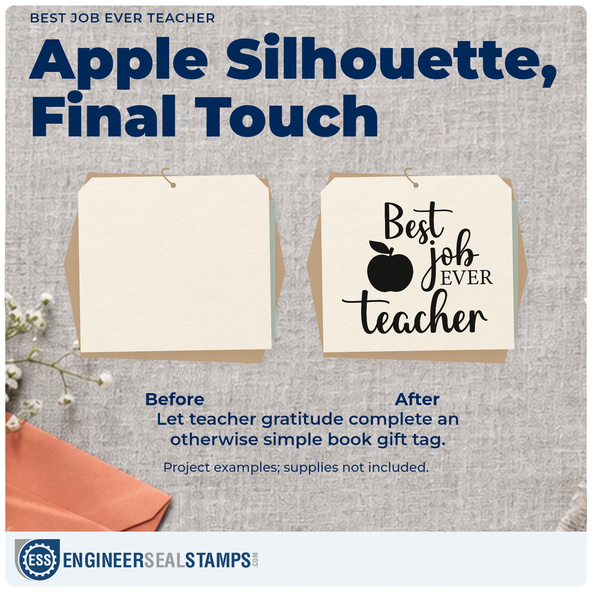 Before and after of a plain item finished with the Best Job Ever Teacher Hand Stamp – Duo, a quick upgrade for contract pack seals.