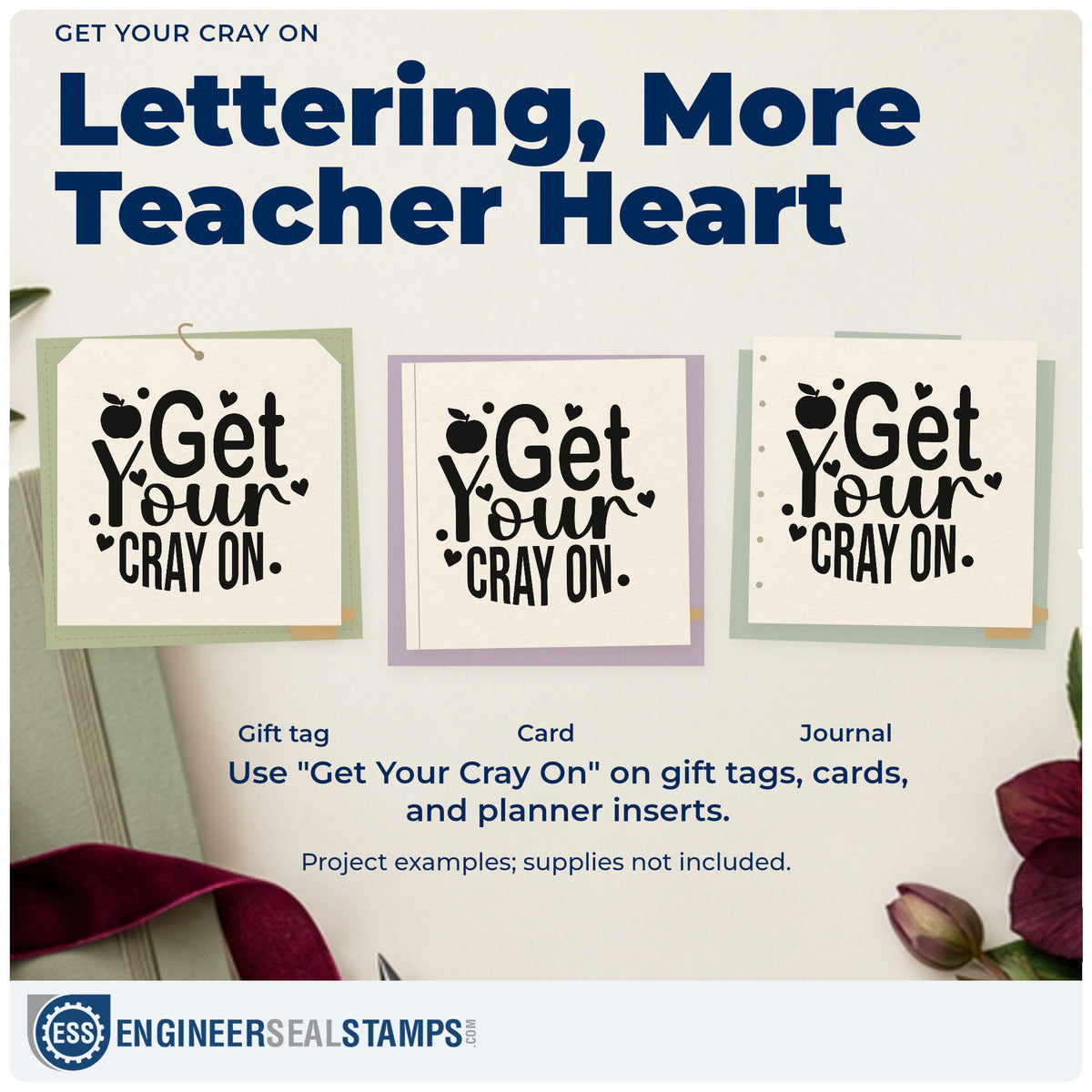 Three project examples made with the Get Your Cray On Rubber Stamp – Wood Handle, including wax tub labels.