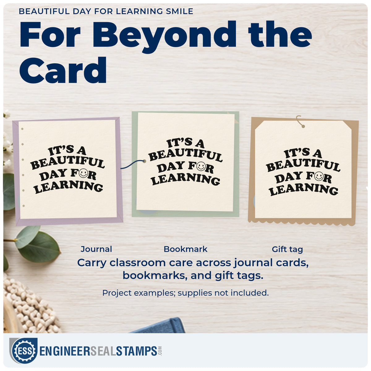 Three project examples made with the Learning Day Smiley Lettering Rubber Stamp – Wood Handle, including sticker jar labels.