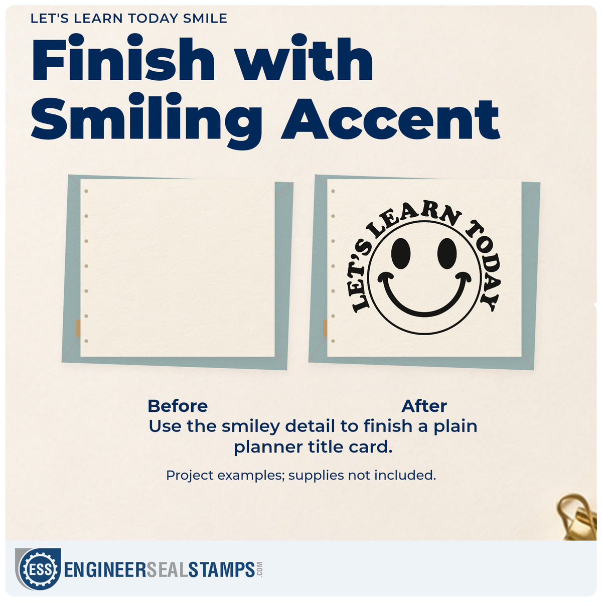 Before and after of a plain item finished with the Let's Learn Today Smile Rubber Stamp – Wood Handle, a quick upgrade for starter pack seals.