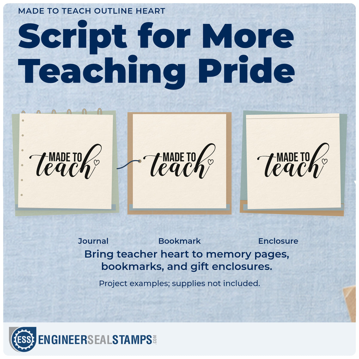 Three project examples made with the Made To Teach Outline Heart Script Lettering Slim Pre-Inked Stamp, including craft tray labels.