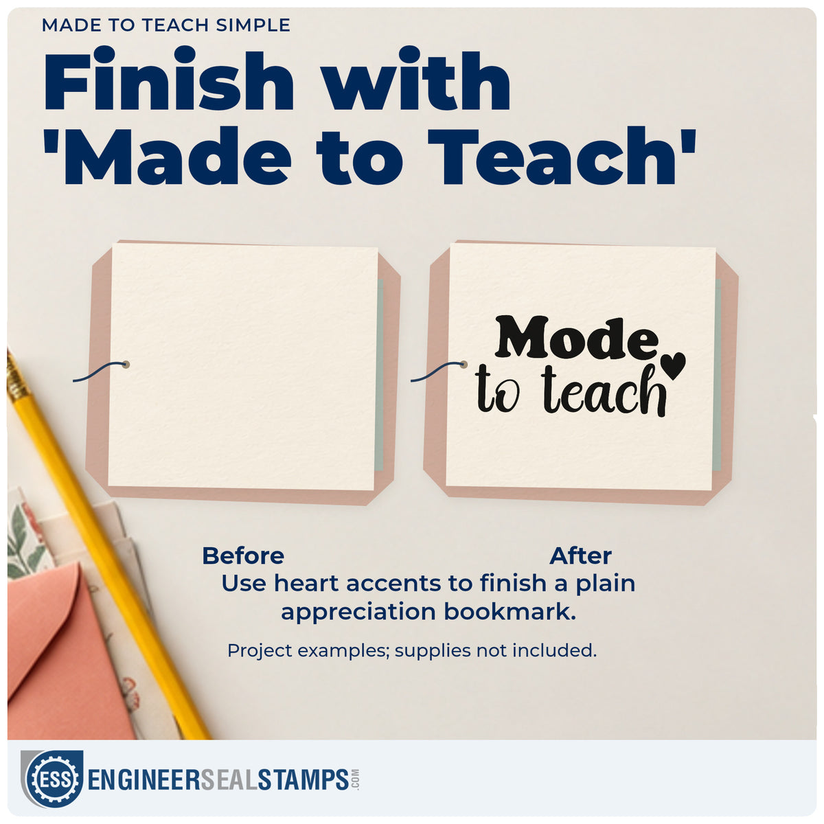 Before and after of a plain item finished with the Made To Teach Simple Stamp – Self-Inking, a quick upgrade for print pack seals.