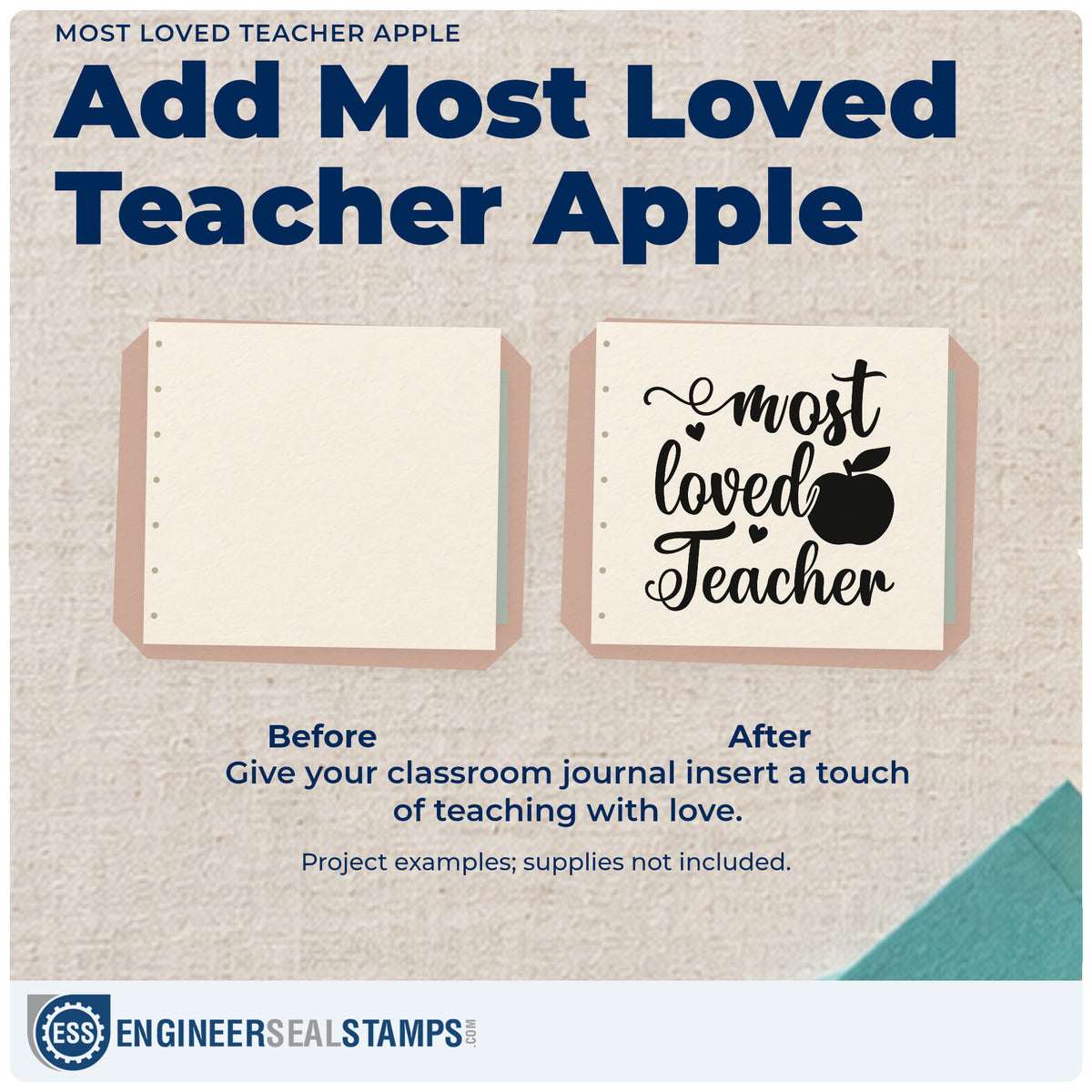 Before and after of a plain item finished with the Most Loved Teacher Apple Rubber Stamp – Duo Hand, a quick upgrade for ballot fold seals.