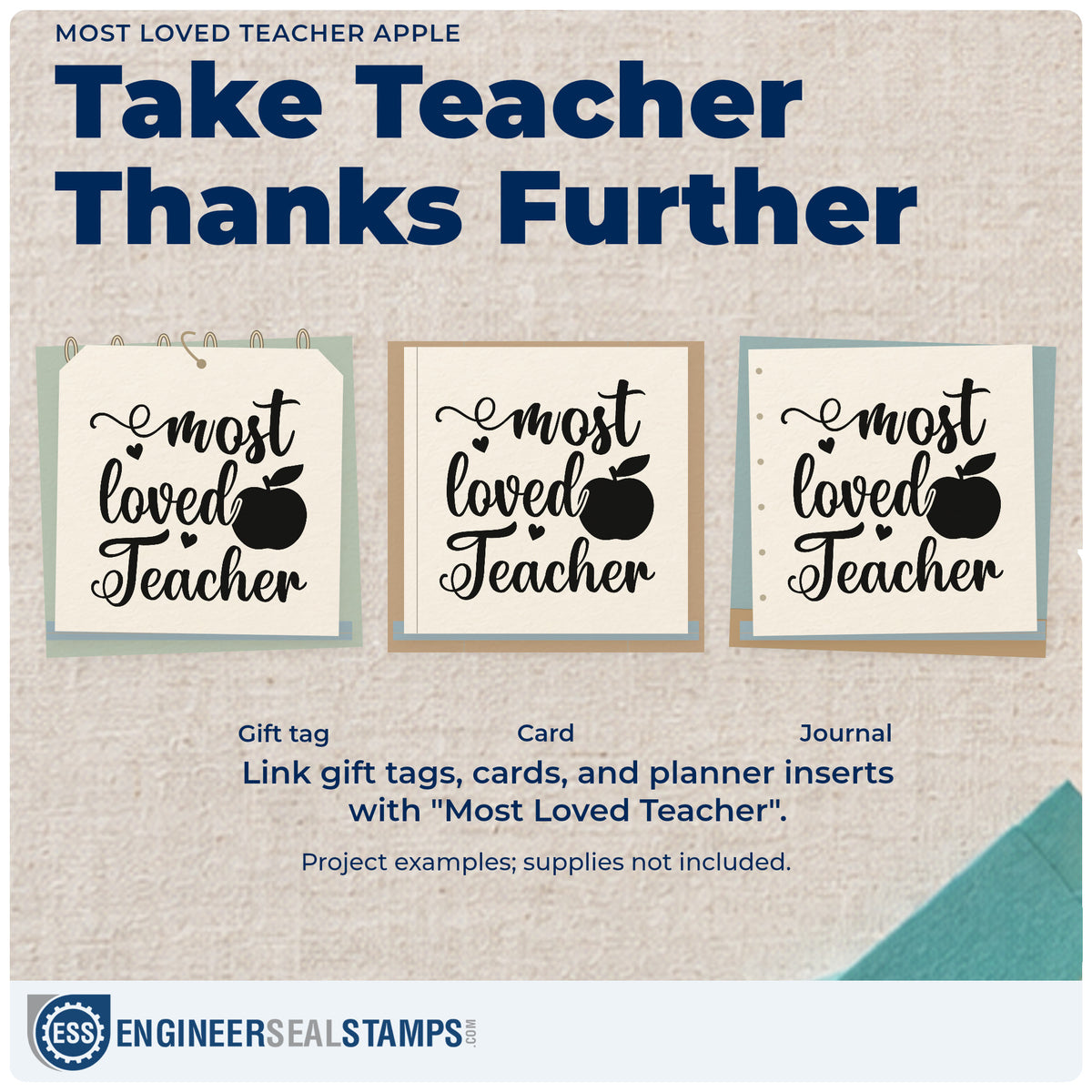 Three project examples made with the Most Loved Teacher Apple Slim Pre-Inked Stamp, including gift pile labels.