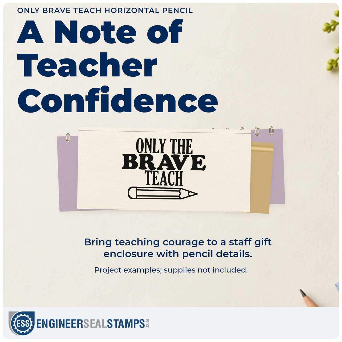 A finished handmade project stamped with the Only Brave Teach Horizontal Pencil Outline Detail Rubber Stamp – Duo Hand, ideal for ruler gift tags.