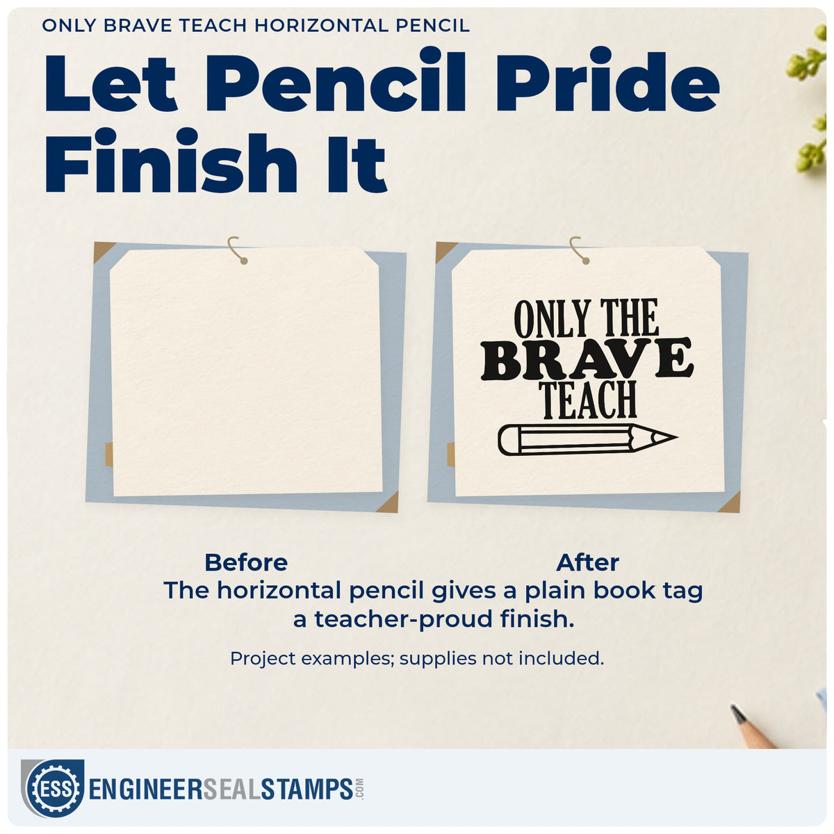Before and after of a plain item finished with the Only Brave Teach Horizontal Pencil Outline Detail Compact Pre-Inked Stamp – Slim, a quick upgrade for ruler pack seals.