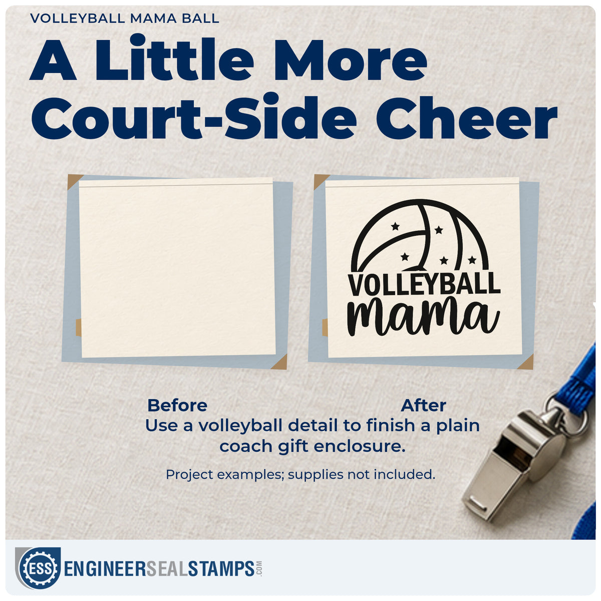 Before and after of a plain item finished with the Volleyball Mama Ball PSI Pre-Inked Stamp, a quick upgrade for fundraiser seals.