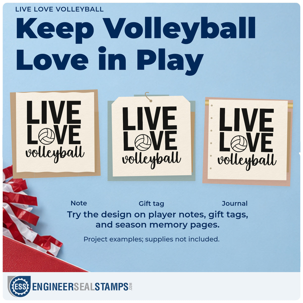 Three project examples made with the Self-Inking Volleyball Live And Love Letter Art Stamp, including cupcake box labels.