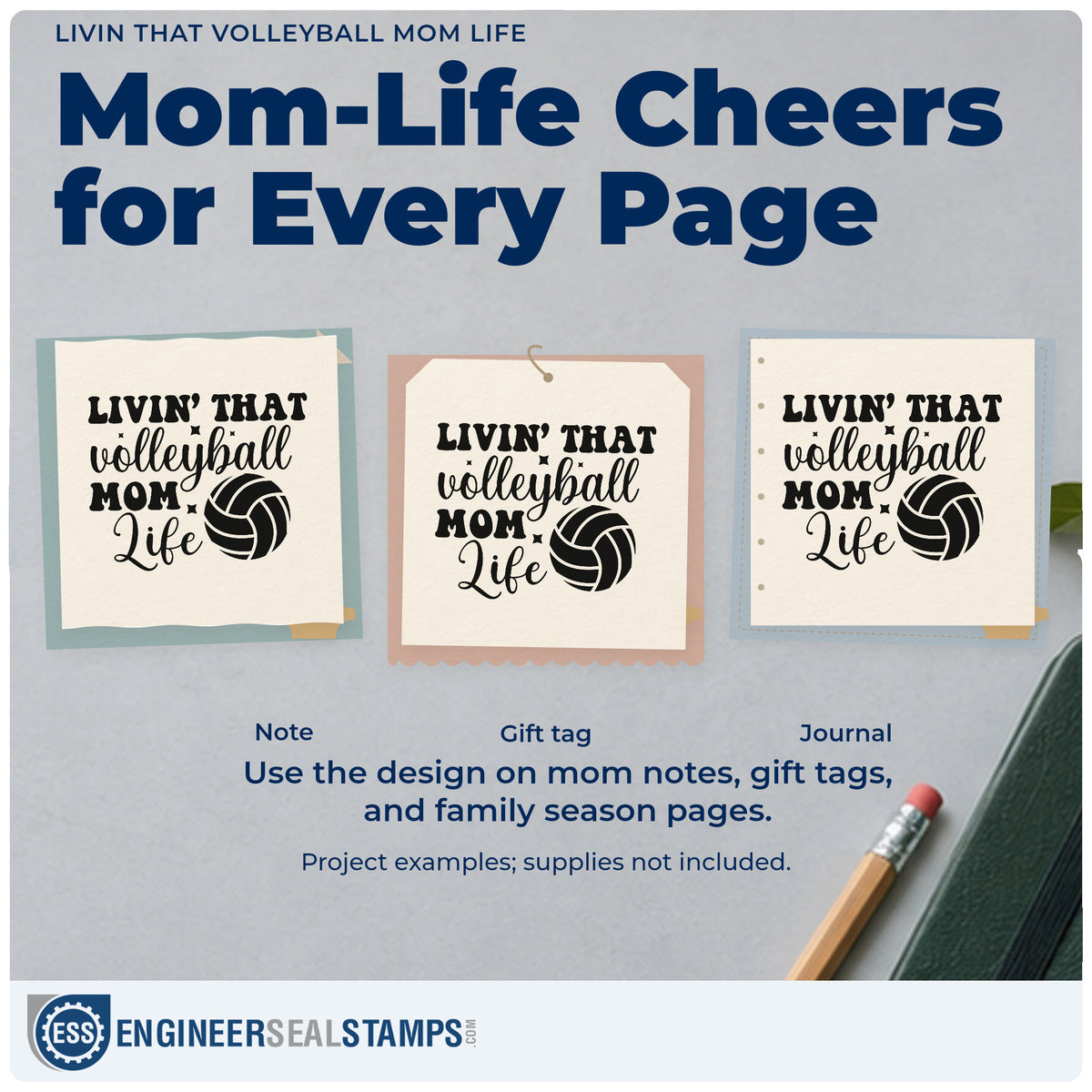 Three project examples made with the Livin That Volleyball Mom Life Rubber Stamp – Duo Hand, including cooler box labels.