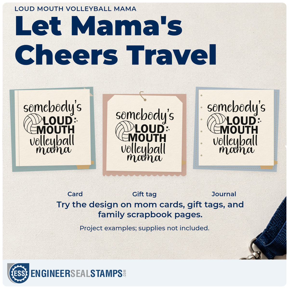 Three project examples made with the Somebody's Loud Mouth Volleyball Mama Hand Stamp – Duo, including megaphone labels.