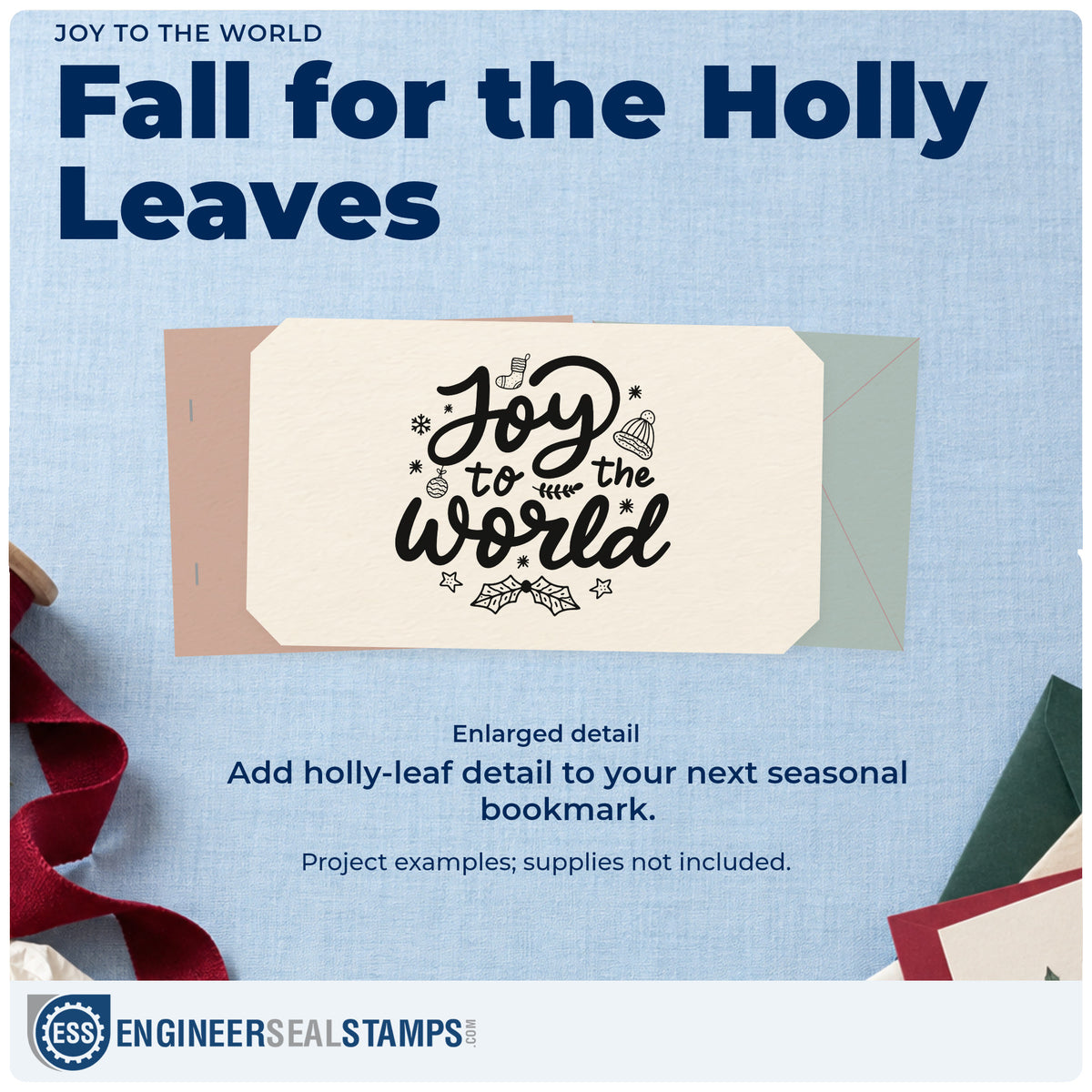 Enlarged detail of the Joy To The World Leaf Accents Self-Inking Craft Stamp imprint. “Joy to the World” appears with stockings, winter hats, snowflakes, stars, and holly leaves.