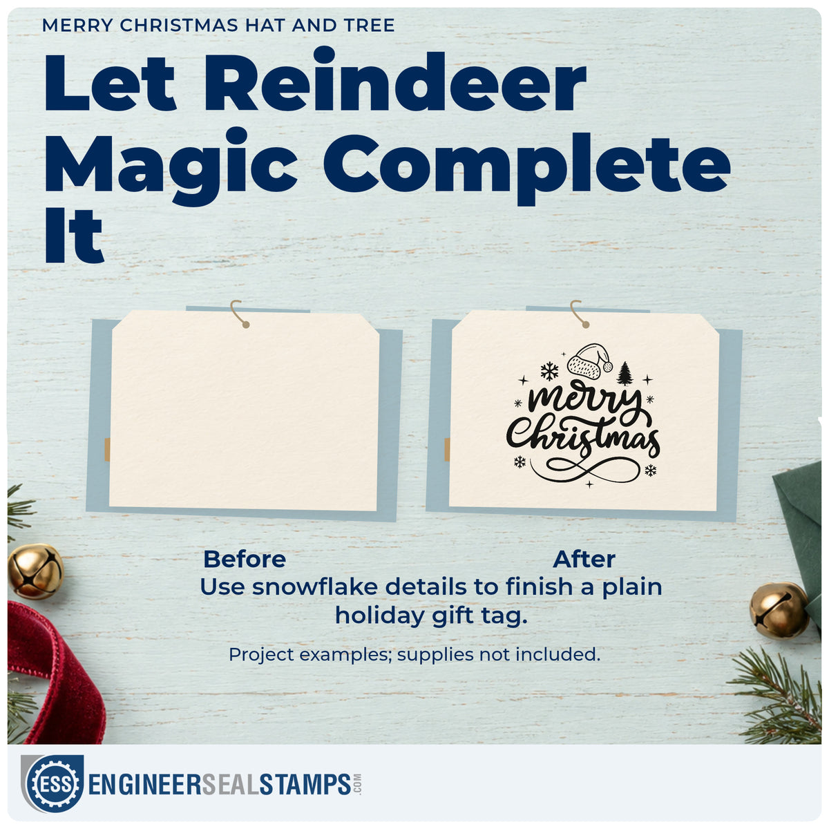 Before and after of a plain item finished with the Merry Christmas Hat And Tree Snowflakes Rubber Stamp – Wood Handle, a quick upgrade for envelope flap seals.