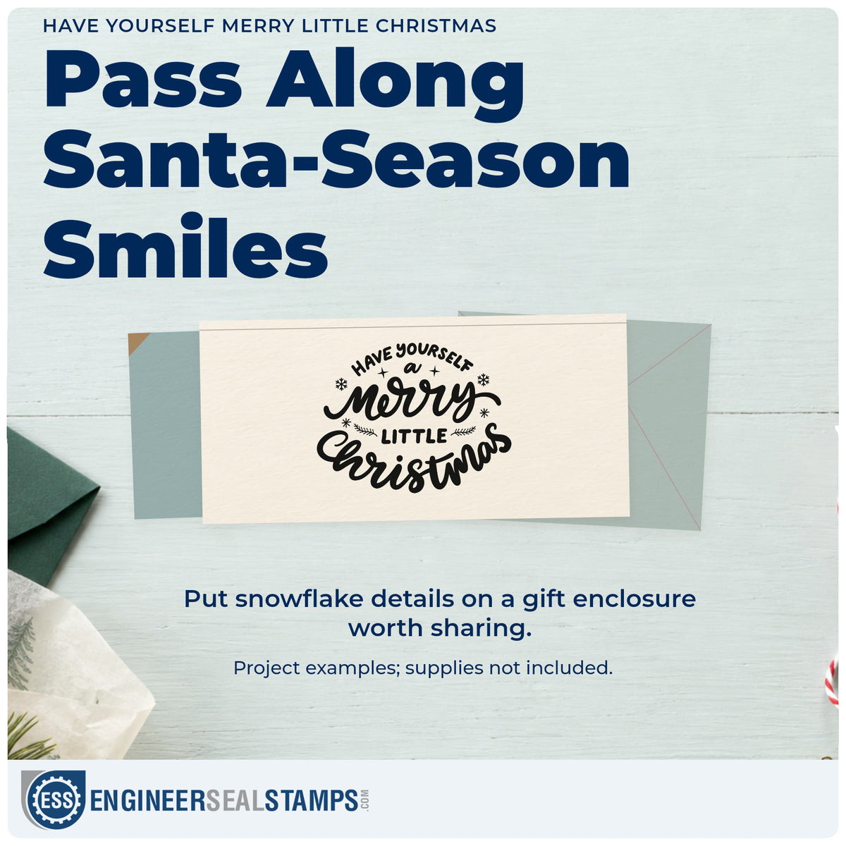A finished handmade project stamped with the Have Yourself A Merry Little Christmas Rubber Stamp – Wood Handle, ideal for record sleeve tags.