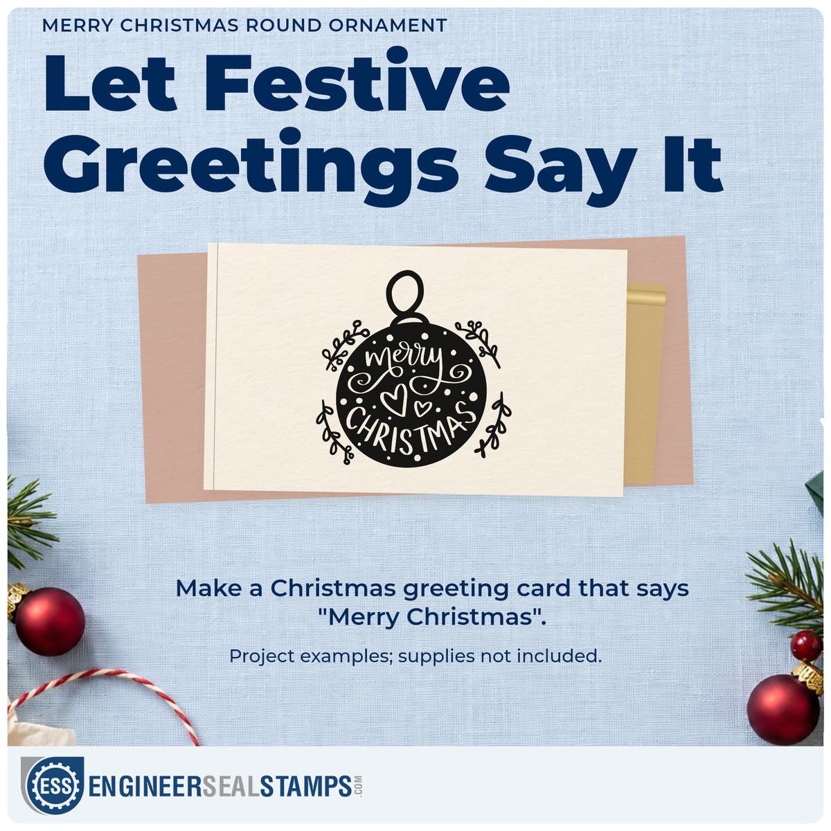 A finished handmade project stamped with the Merry Christmas Round Ornament Botanical Sprig Wood Handle Stamp, ideal for ornament gift tags.
