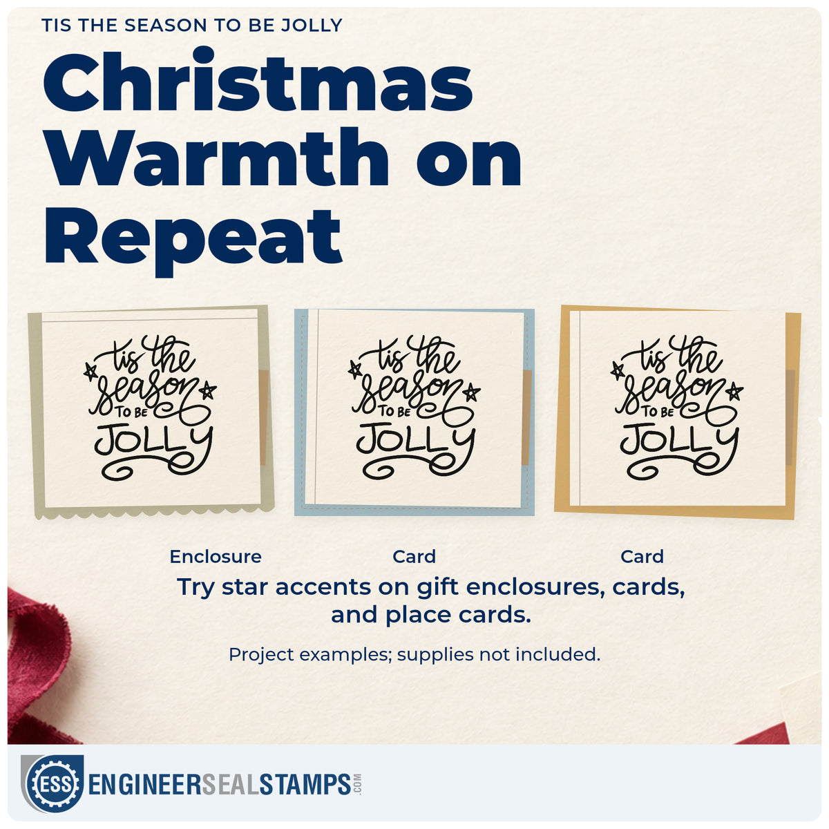 Three project examples made with the Tis The Season To Be Jolly With Stars Pre-Inked Stamp – Slim, including glitter pot labels.