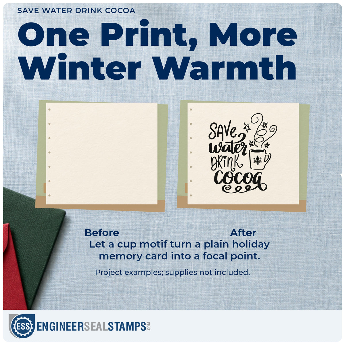 Before and after of a plain item finished with the Self-Inking Save Water Drink Cocoa Snowflakes Stamp, a quick upgrade for sachet pack seals.