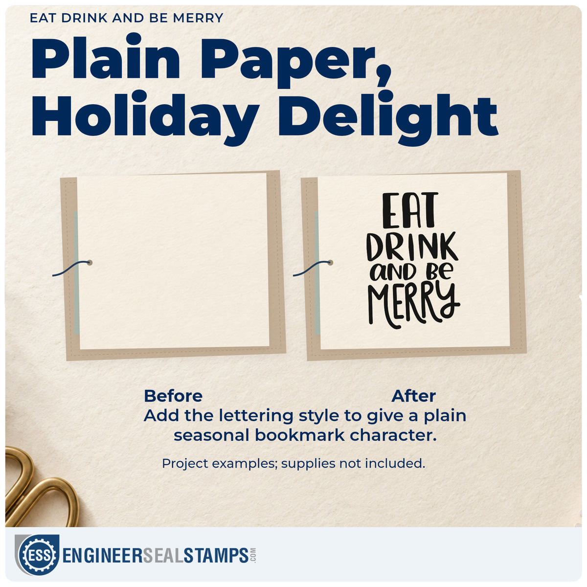 Before and after of a plain item finished with the Eat Drink And Be Merry Lettering Slim Pre-Inked Stamp, a quick upgrade for napkin band seals.