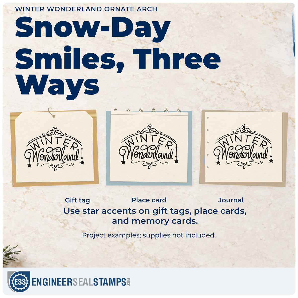Three project examples made with the Winter Wonderland Ornate Arch With Stars Self-Inking Stamp, including prop crate labels.