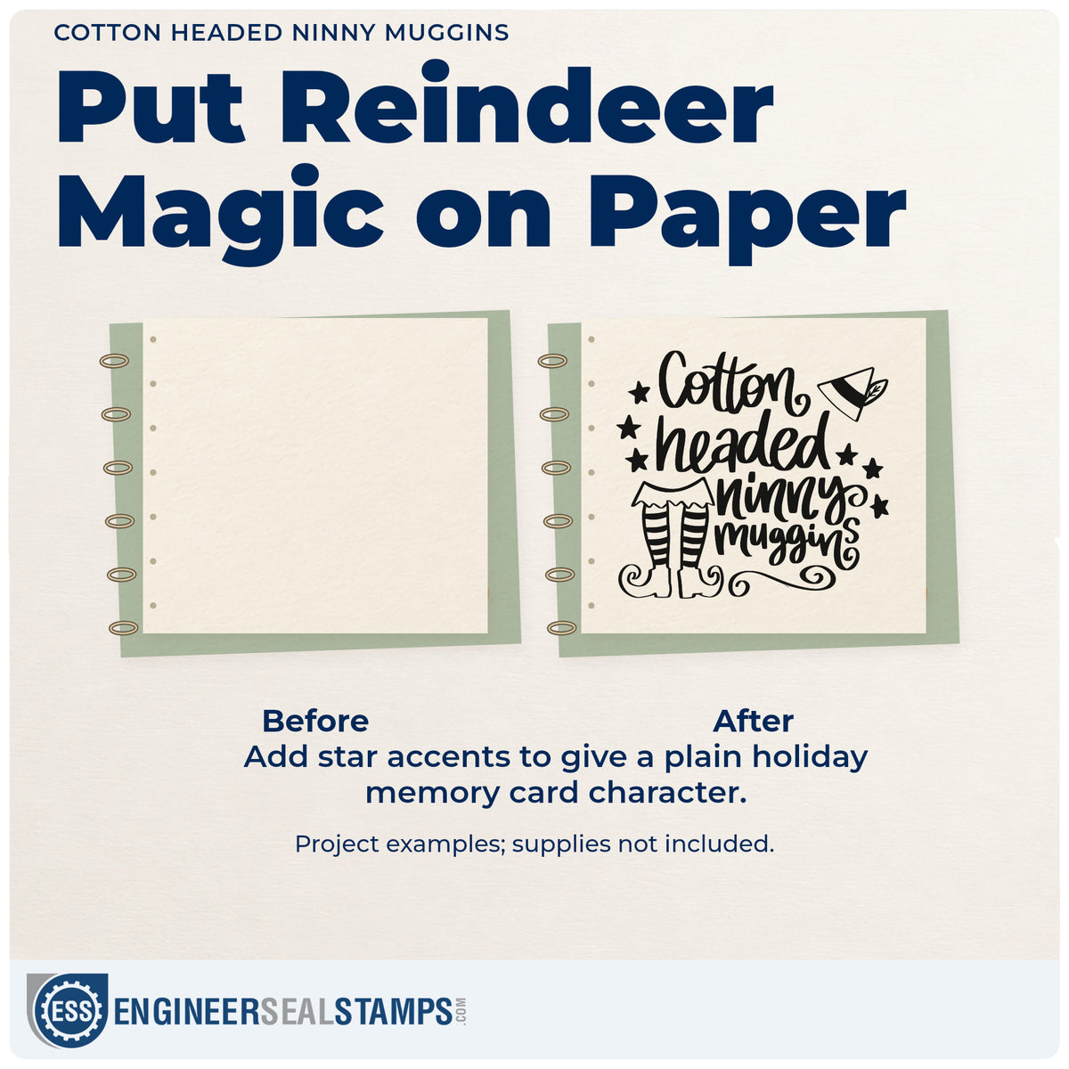 Before and after of a plain item finished with the Cotton Headed Ninny Muggins Elf Rubber Stamp – Duo Hand, a quick upgrade for snack bag seals.